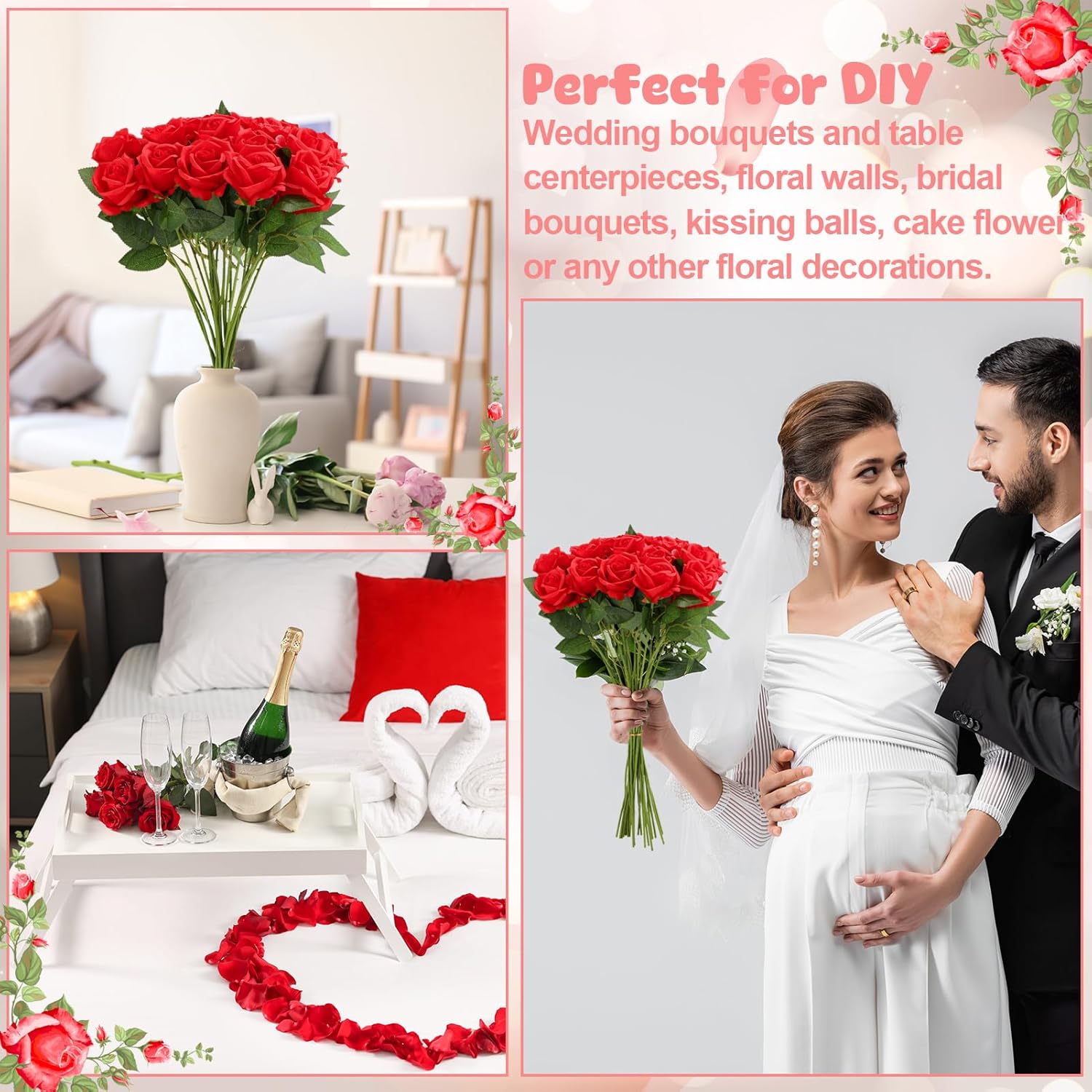 24 Pcs Red Rose Artificial Flowers with Long Stem Real Touch Silk Plastic Bouquet Red Roses Bulk for Wedding Party Table Centerpieces Festival Decorations - Image 3