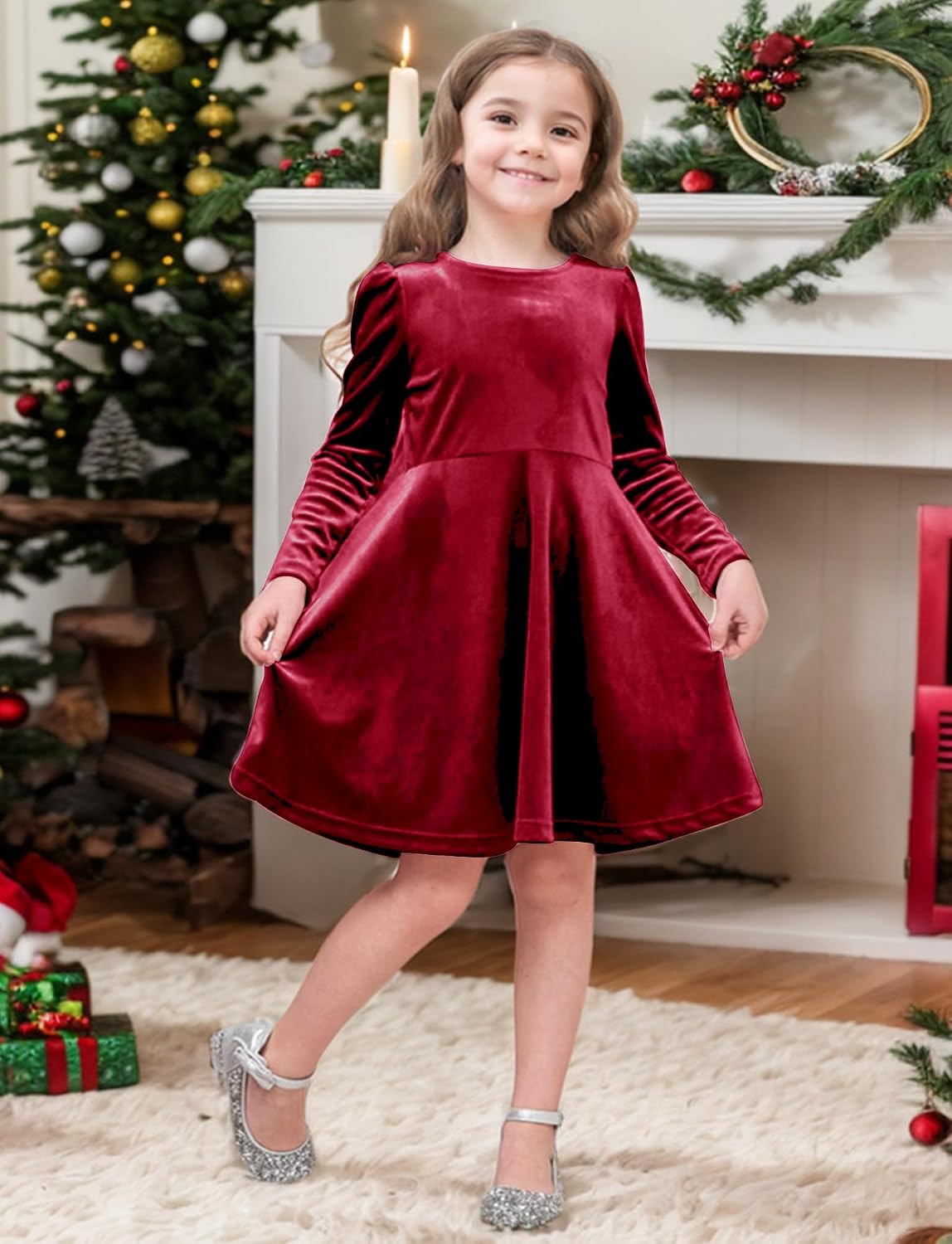 Happy Cherry Girls Velvet Dress Crew Neck Bow Back Long Sleeve Princess Christmas Birthday Party Wedding Dresses