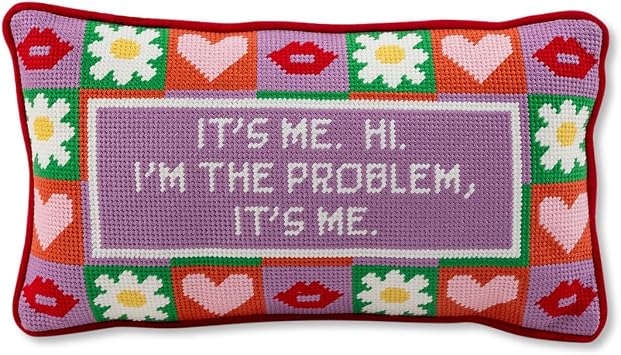 FURBISH Needlepoint Decorative Throw Pillow - Its Me, Im the Problem - 8" x 14" - Famous Pop Lyric Embroidered Accent Pillow for Bed, Couch, Sofa - Eclectic Home Decor