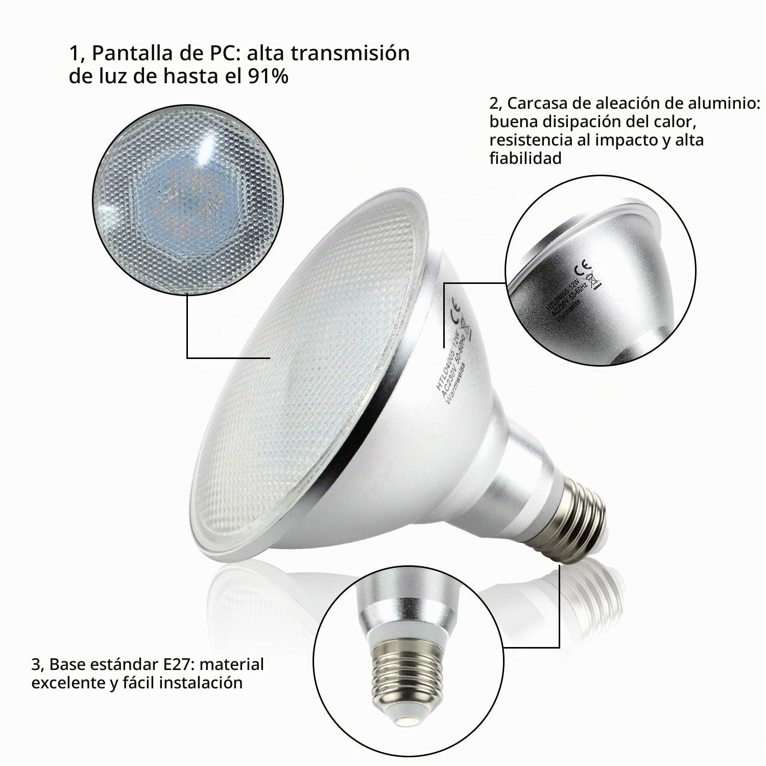 Allesgute PAR38 Led E27 Foco Reflector Bombilla 15 W Blanco CáLido Resistente Al Agua IP65 180 Grados No Regulable - Para Focos De JardíN Focos De Tierra, 2pcs.