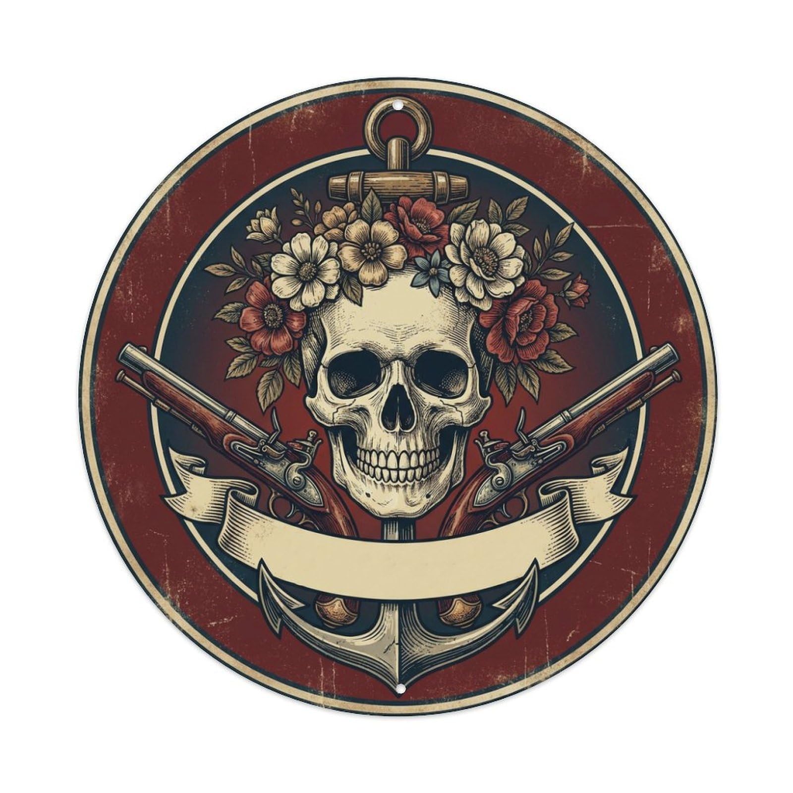 Crowned Skull Flower Crown Flintlocks Buccaneer Mark Metal Tin Sign