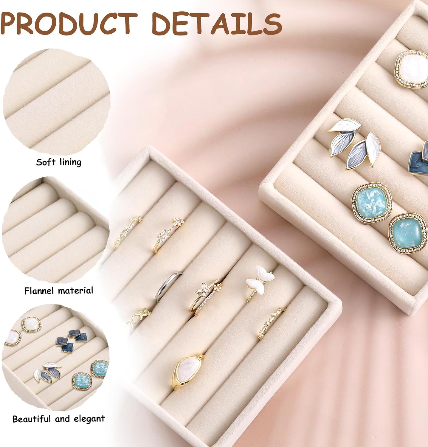 2pcs Ring Holder Display Small Ring Organizer for Jewelry Rings TrayRings Holder Display Tray Velvet Rings Earrings Insert Holders for Girl Store Selling or Home Show Storage Jewelry Box Drawer(Beige) image 3