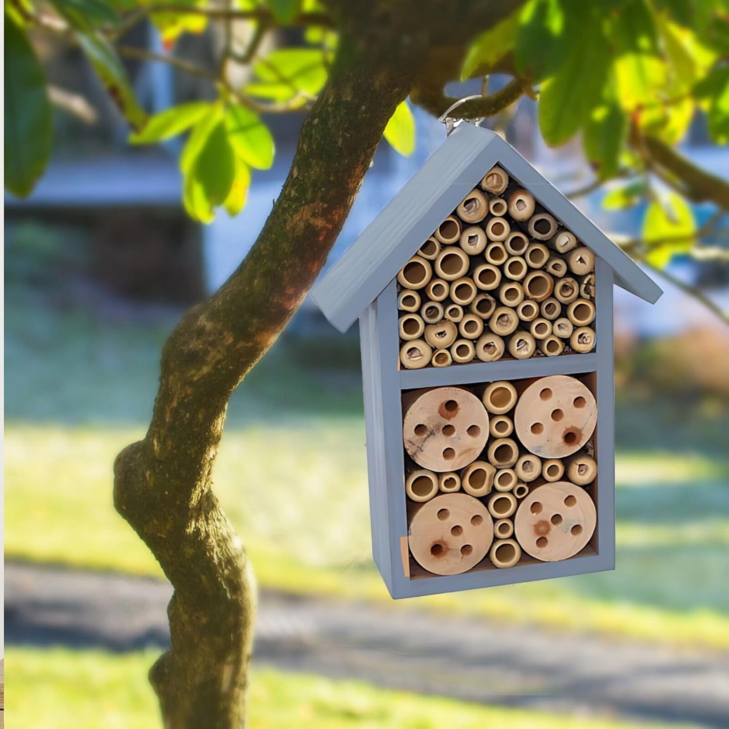 Blue Mason Bee House, Solid Wood Beneficial Insect Hotel for Garden, Wood Tubes, Educational Outdoor Home