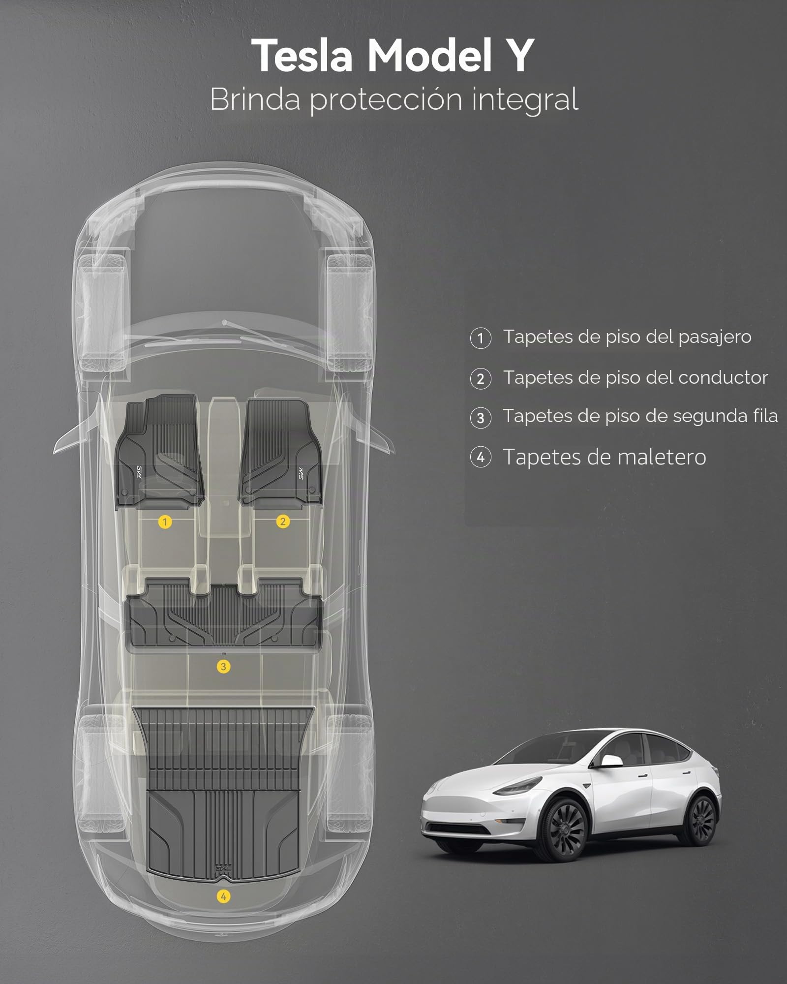 3W Alfombrillas de Coche y Maletero Compatible con Tesla Model Y 2020-2024, TPE Alfombrillas para Todo Tipo de Clima para Tesla Model Y la 1ª y 2ª Fila Juego Completo, Accessorios, Negro