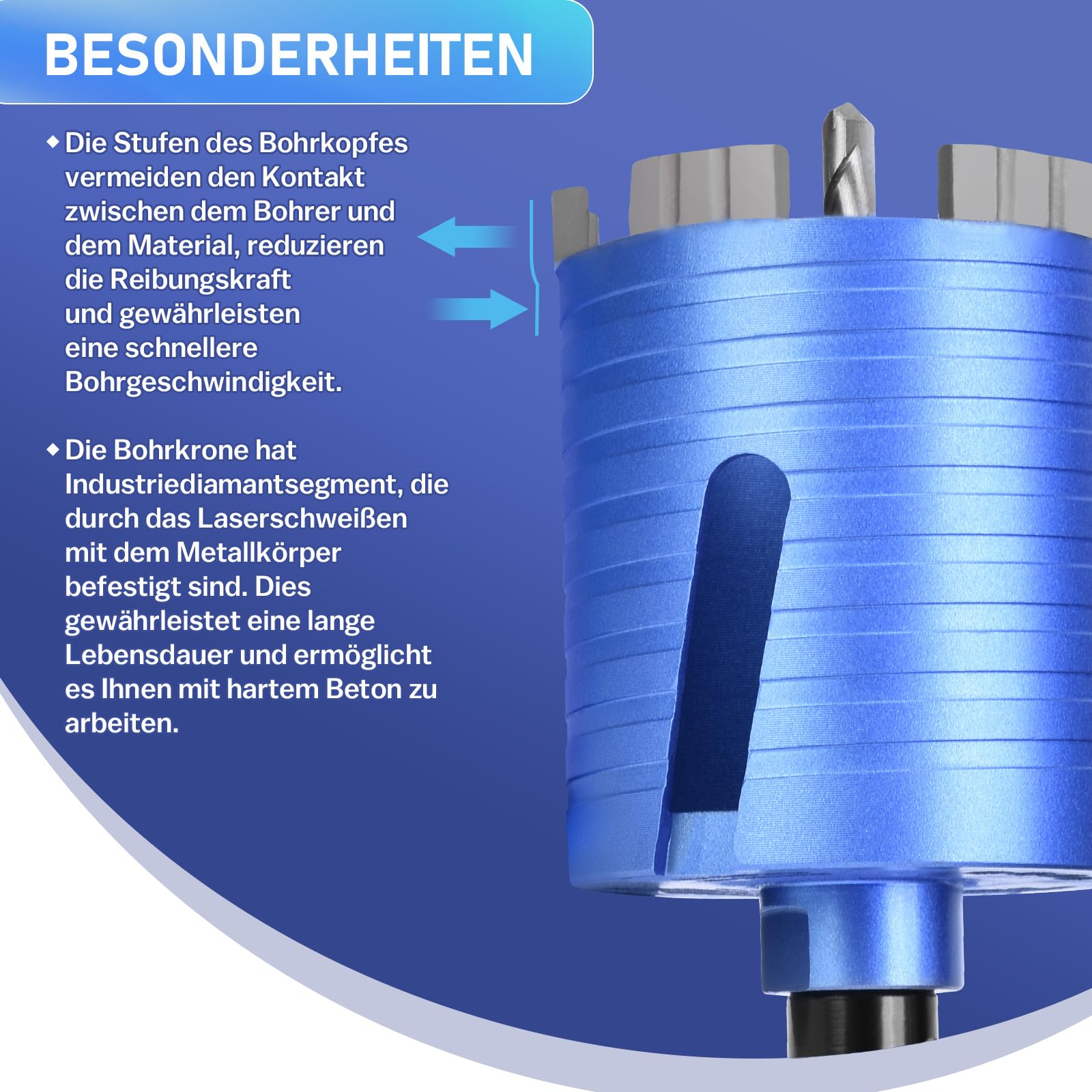 Turbo Diamantboorkroon, 68 mm, M16 dozenboor, kernboorkroon incl. centreerboor, segmenthoogte 10 mm, 5 segmenten, 6-kant, nuttige lengte 95 mm, Max.2200UPM, voor beton, metselwerk, steen, glas, tegels