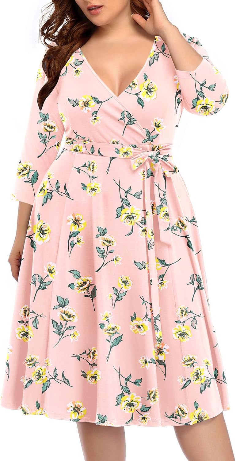 Pinup FashionWomen's Plus Size Faux Wrap V Neck 3/4 Sleeve Fit and Flare Wedding Guest Casual Party Midi Dress