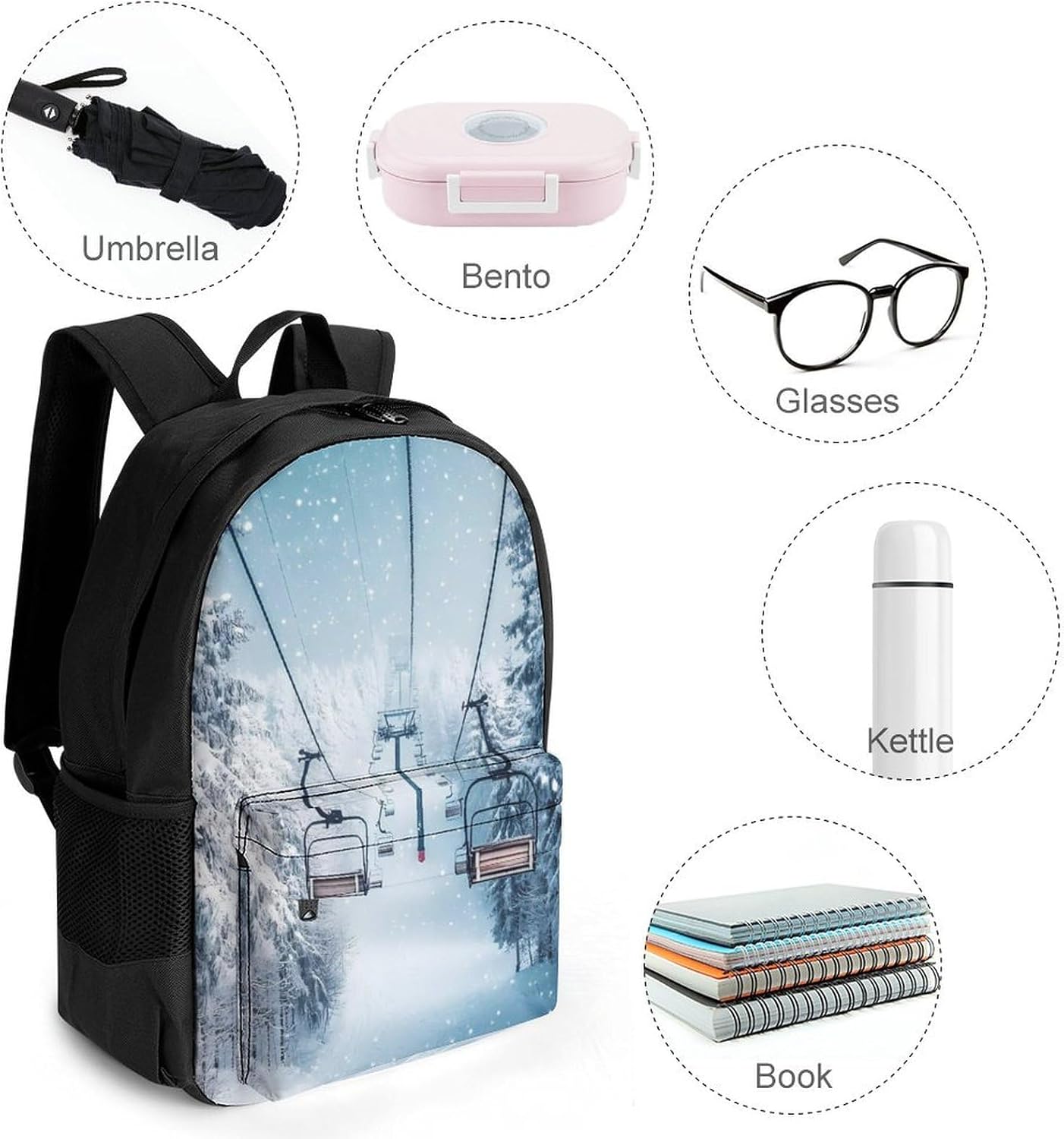 Winter Snowy Ski Skiing Lift Forests Laptop Backpack for Men Women Fashion Computer Bag Business Travel Daypack
