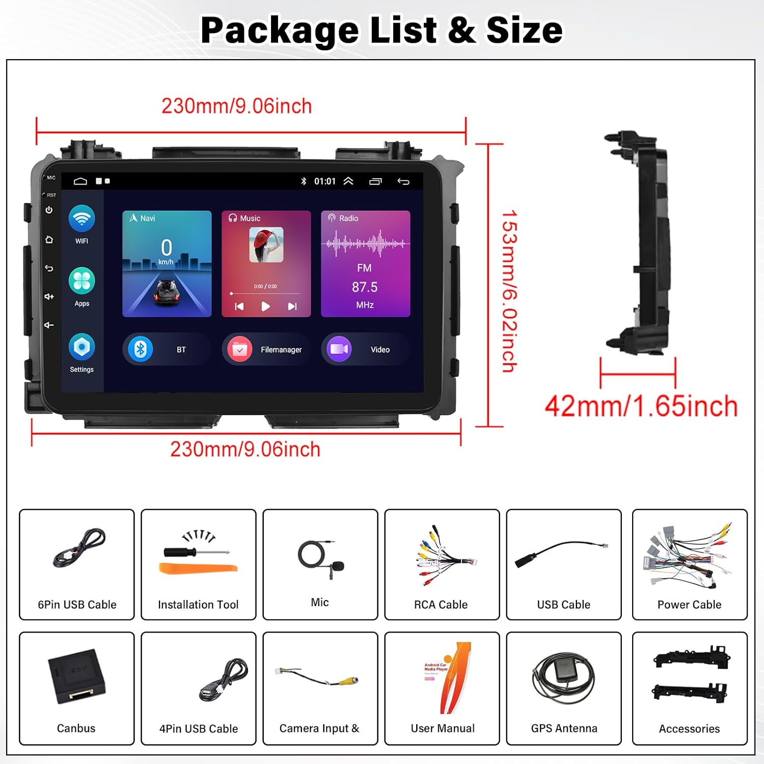 Package contents and dimensions of the AMprime car stereo