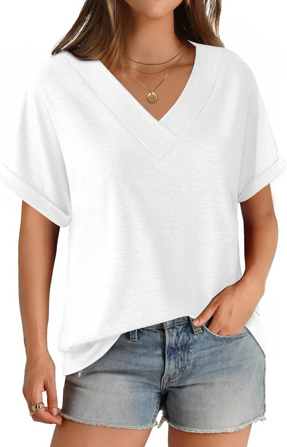 Womens Short Sleeve T Shirts V Neck Loose Fit Shirts...