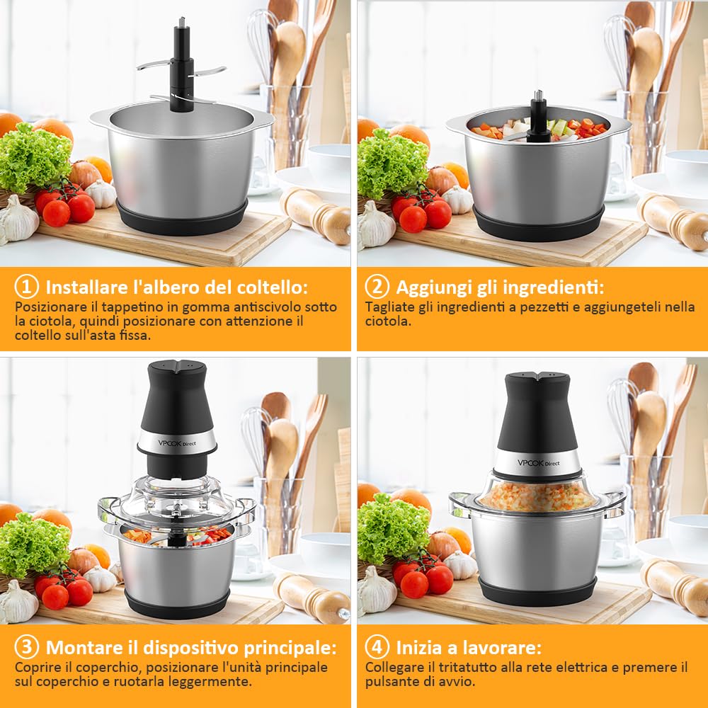 Frullatore Tritatutto Impastatrici Mixer da Cucina Elettrico Multifunzione con 4 Lame in Acciaio Inossidabile 1,2 L 400w