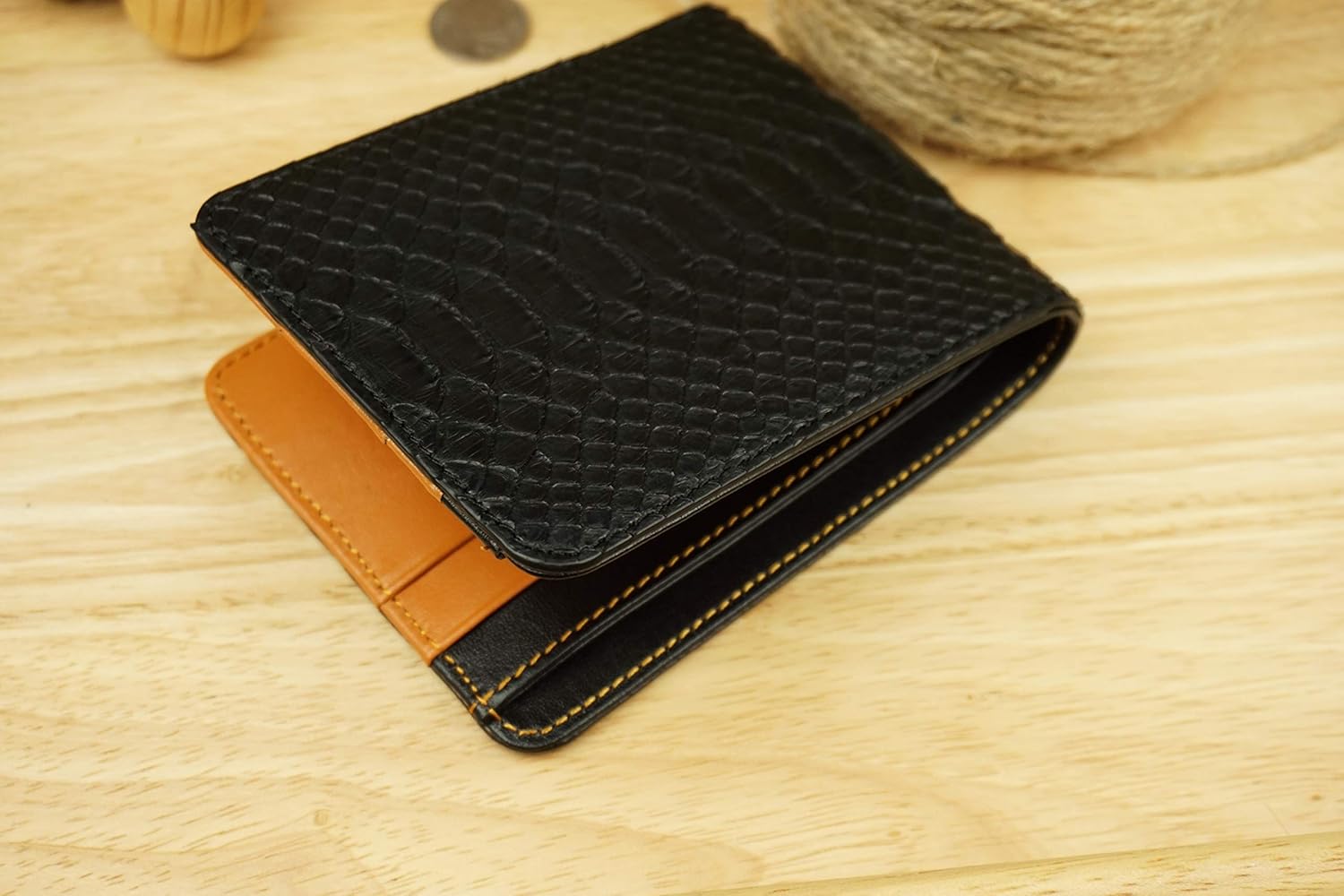 Black Python Leather Wallet for Men, Full Grain Python Leather Wallet, Bifold Stylish Wallet, Men's Billfold Wallet