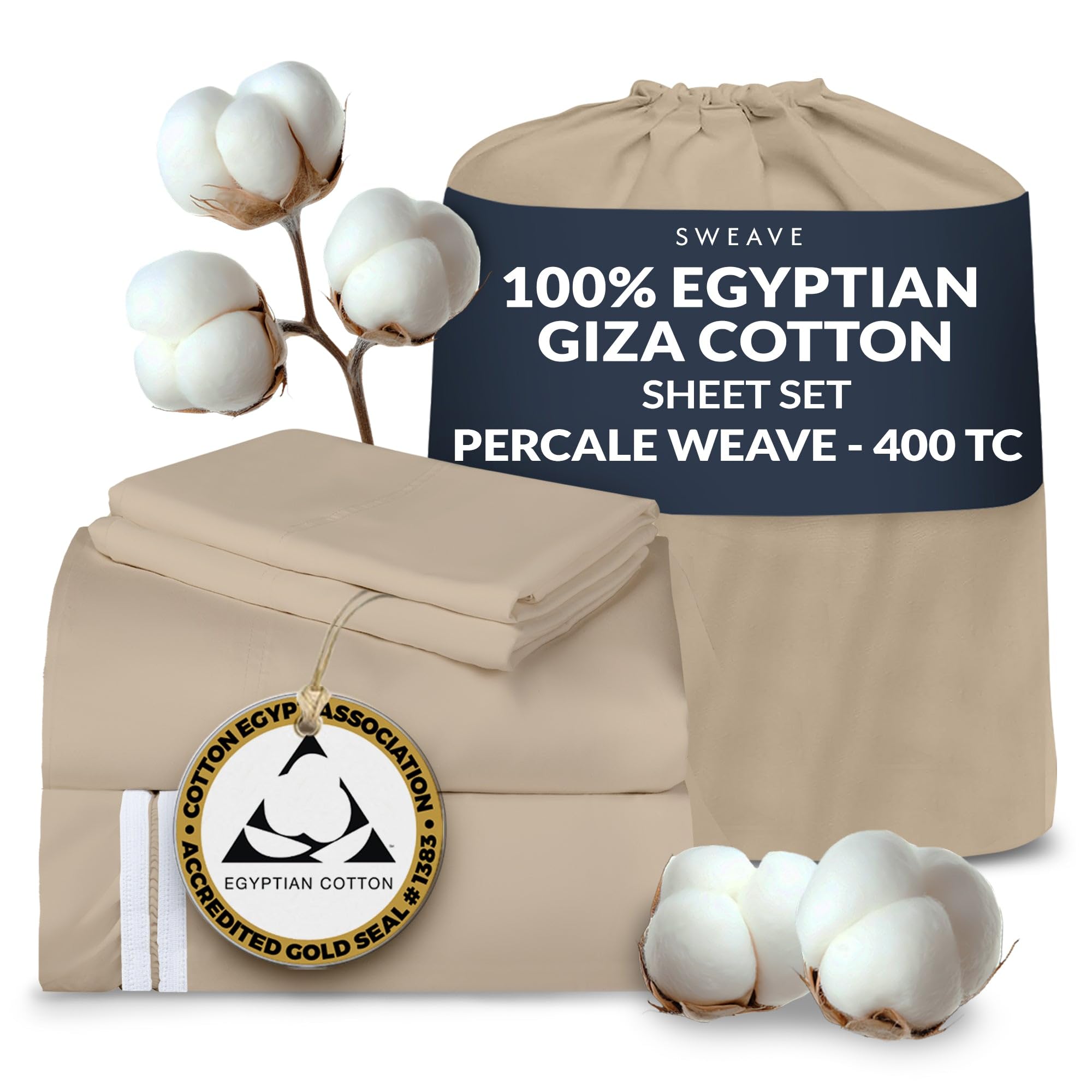 Sweave 100% Egyptian Cotton Percale Sheets King Size - Genuine Luxurious 400 Thread Count - Naturally Crisp, Breathable, Skin-Friendly & Cooling - Softer After Each Wash - Oeko-TEX Certified Giza