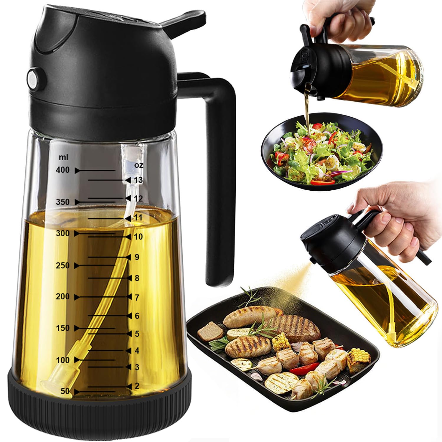 TrendPlain 470ml Olive Oil Spray Bottle for Kitchen Gadgets — 2 in 1 Olive Oil