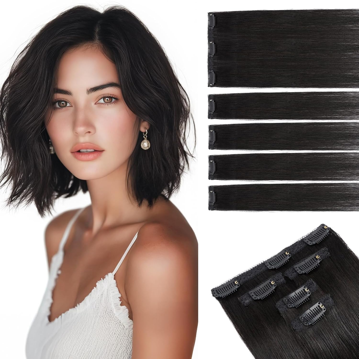 Short Clip in Hair Extensions Real Remy Human Hair,S-noilite Short Hair Extensions Clip ins,Mini Clip in Extensions for Add Volume and Highlights,5 Pieces 36g 10 inch Natural Black