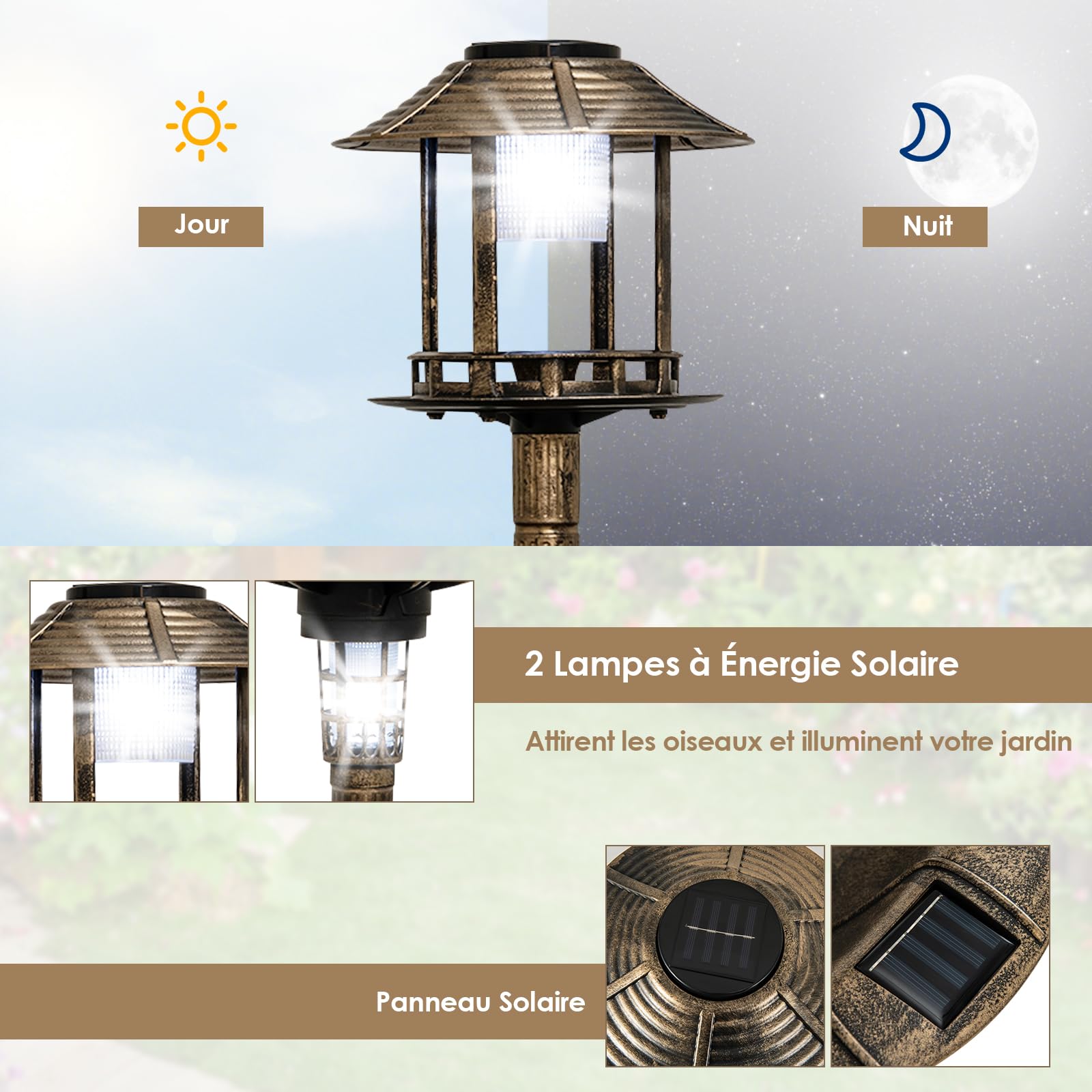 GYMAX Bain d'oiseaux, Abreuvoir sur Pied, Mangeoire avec 2 Lampes Solaire, Jardinière de Fleurs, Léger et Remplissable, Décoration pour Extérieur (Cuivre)