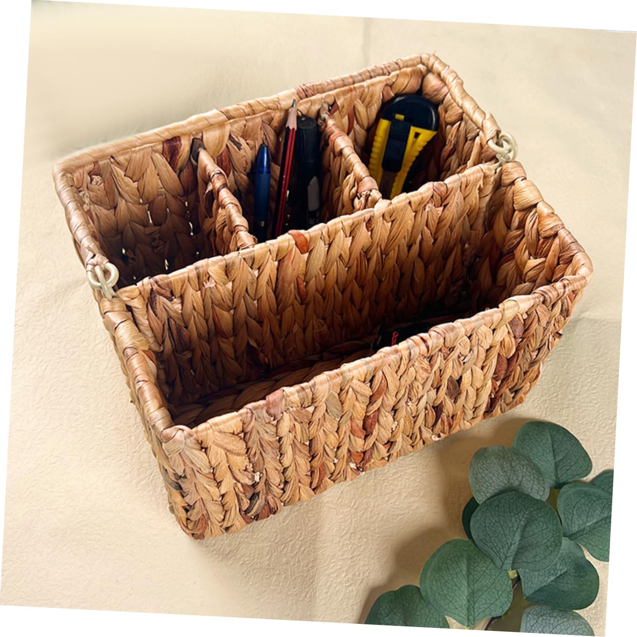 Cabilock Cesta Fuerte de Almacenamiento Tejida de Hyacinth y Multifuncional Compartimentos para Cubiertos y Utensilios de Cocina para Organizar en Cocina o Baño