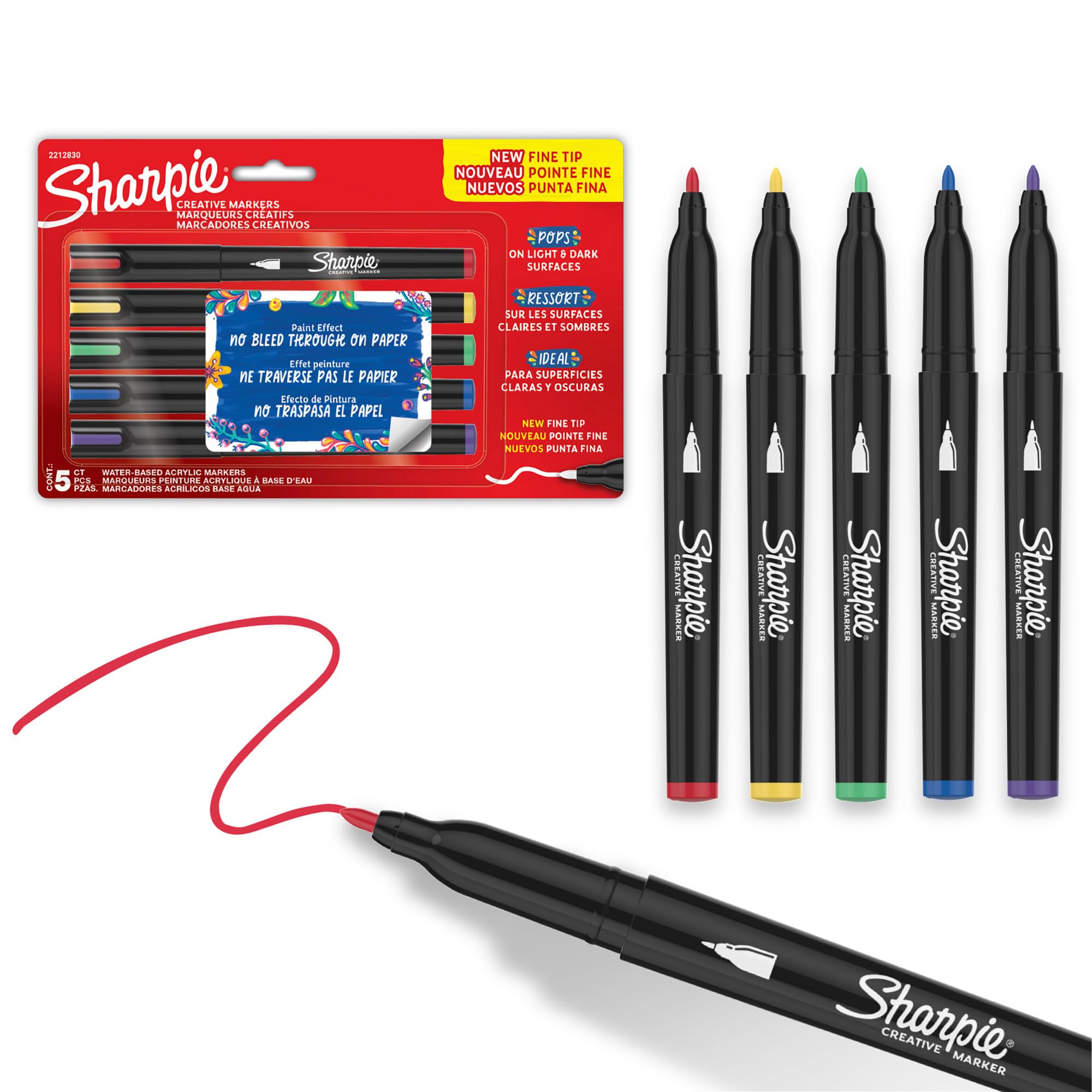Sharpie Creative Markers, Water-Based Acrylic Paint Markers, Fine Tip, Assorted, 5 Count