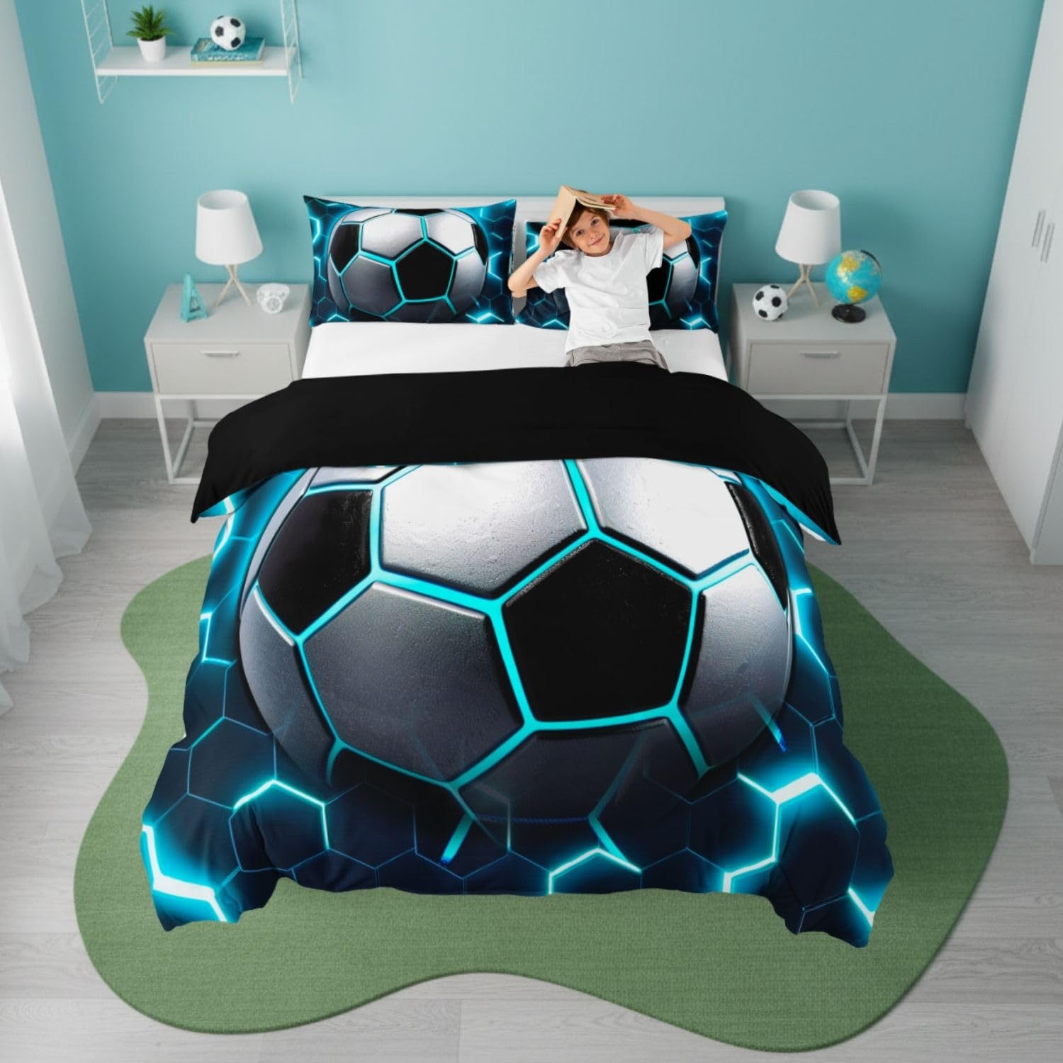 Homewish Boys Football Duvet Cover Set Cot Blue Honeycomb Kids Bedding - Vibrant Soccer Print Quilt Cover Neon Geometric Teens Bedroom Decor - Black Reversible Bed Set with 1 Pillowcase โ image 1