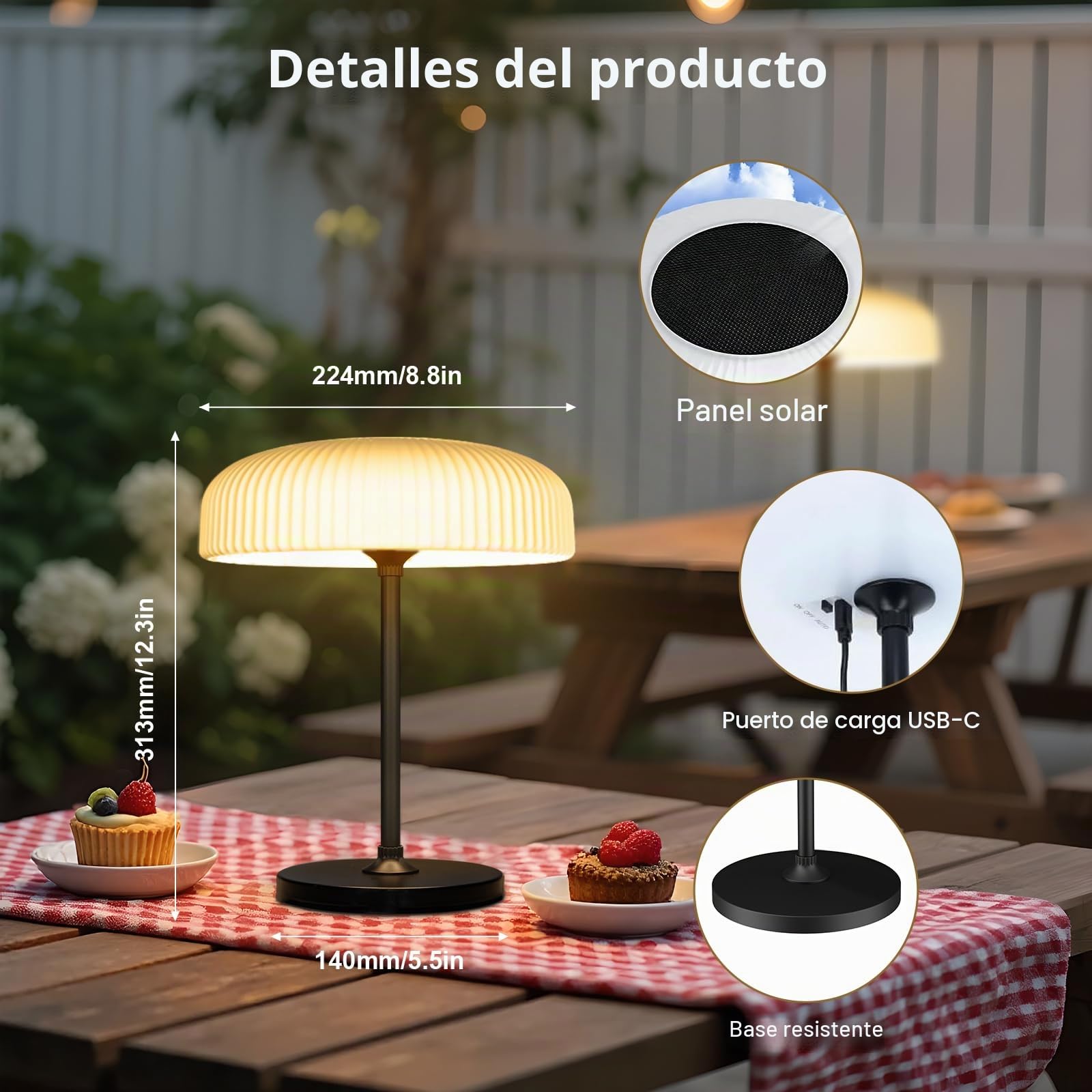 AGOTD - Lámpara de mesa solar para exterior - Lámpara de mesa LED inalámbrica con puerto USB-C - Intensidad variable - Blanco cálido + blanco frío - Para interior y exterior, jardín, terraza