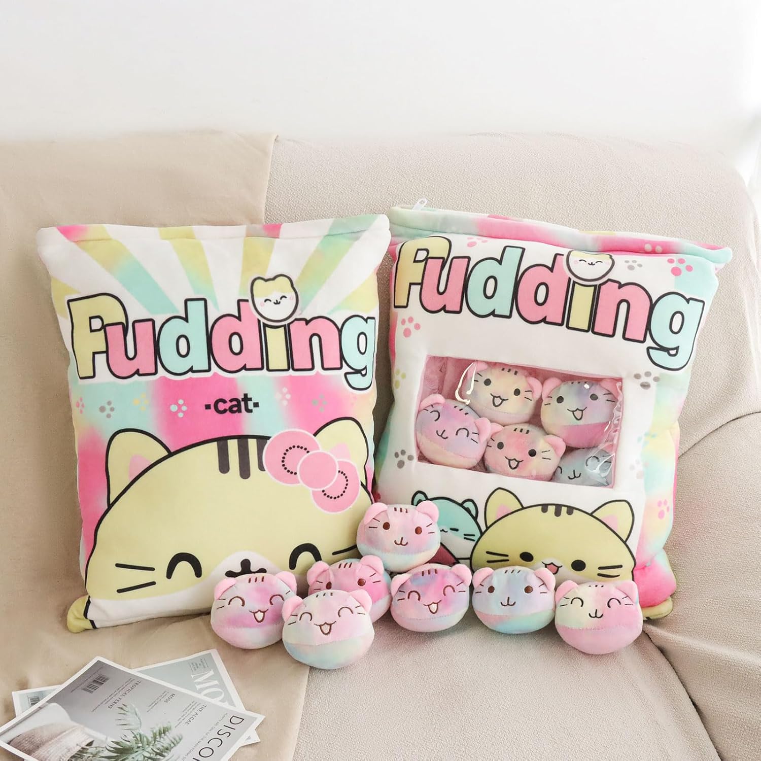 Cute Cat Plush Pillow with 8 Kitten Doll, Removable Throw Pillow Cats Stuffed Animals for Girls, Kawaii Cat Plushies Toy for Kids Girls Boys Women Birthday Gift