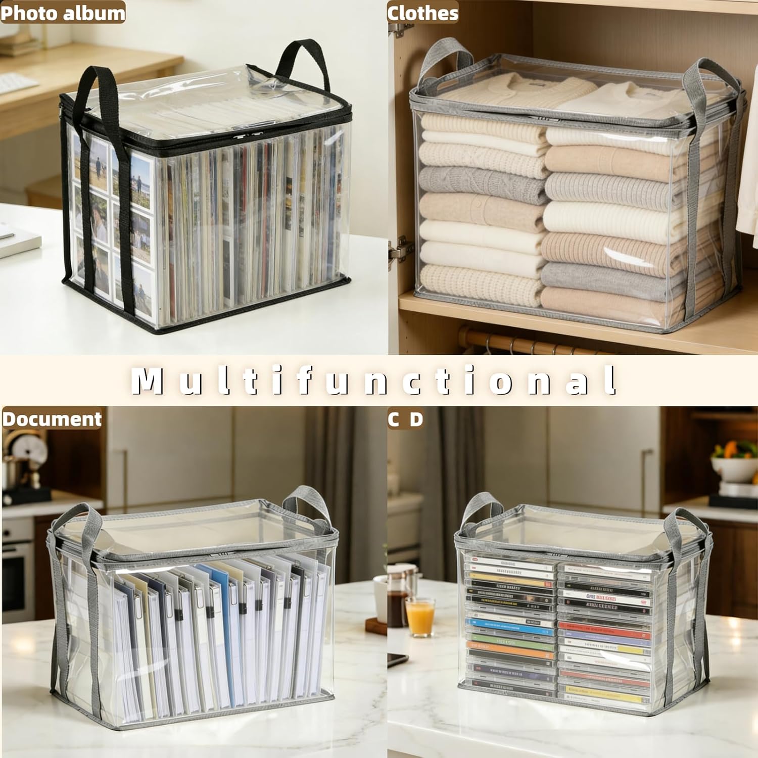 3 PCS Clear Book Storage Containers with Lids - Durable Comic Book Protector & Media Organizer - Collapsible Vinyl Storage Bag with Zipper for Books, Blu-Rays and Office Supplies - 15" x 9.5" x 12.5"
