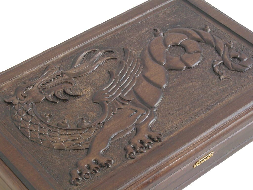 Backgammon Board Game Set with Racks - (Hand-Carved Dragon Cover) - Large 19" Maple Wood Case