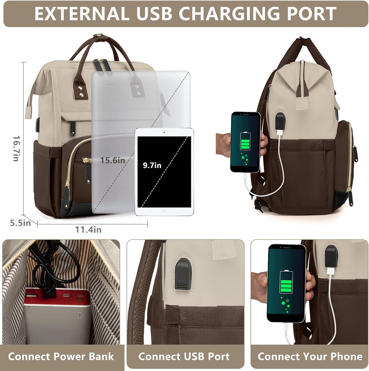 Laptop Backpack Women Work Bag: 15.6 inch Work Bookbag with USB Charging Port Large Travel Backpack Purse for College Nurse Casual Daypack for Teacher Professional Computer Backpack Apricot Coffee - Image 4