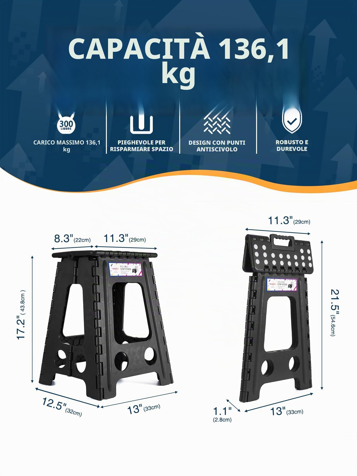 HOUSE DAY Sgabello Pieghevole Nero 46cm - Portatile, Passo, Kick, Bagno, Poggiapiedi Fino a 136kg