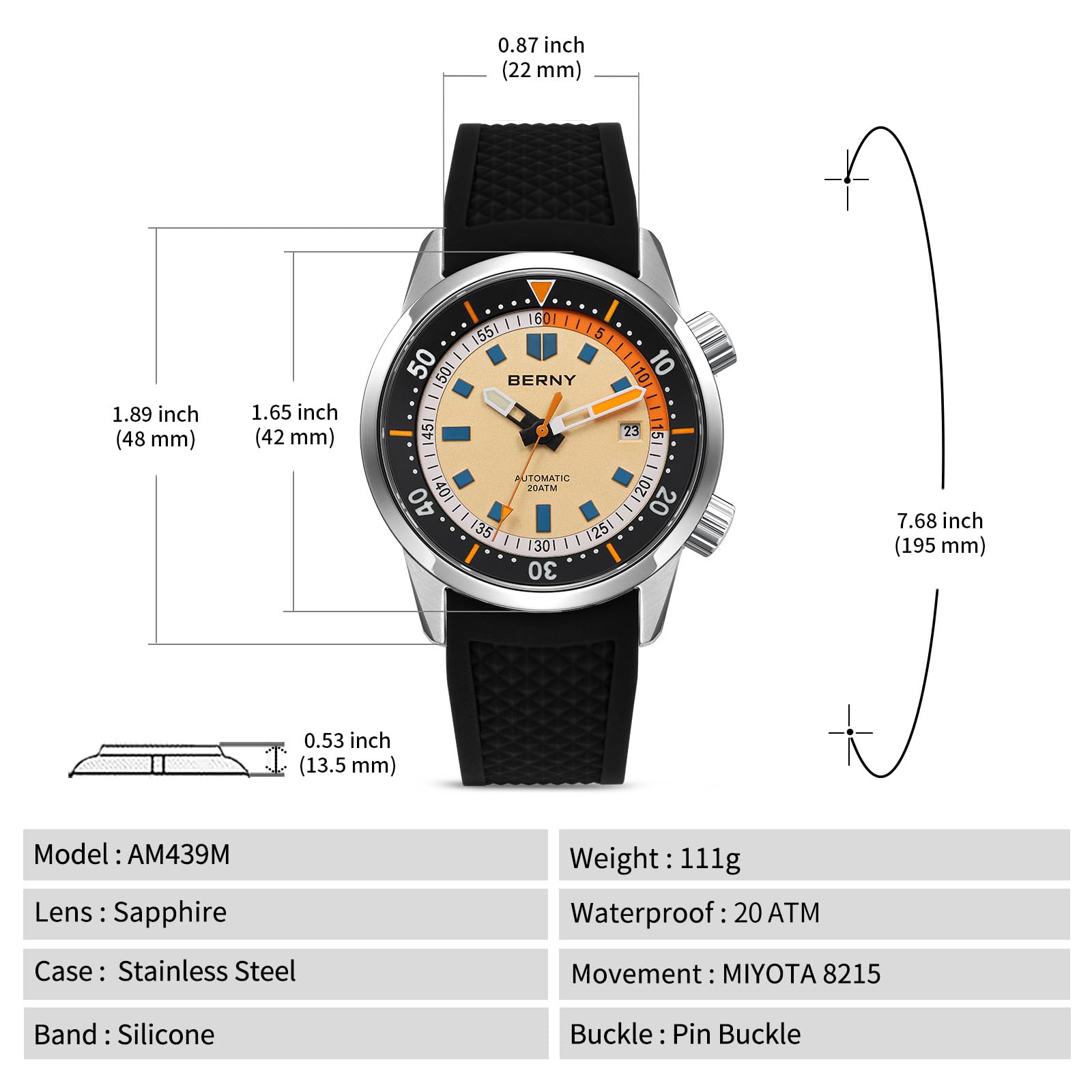 BERNY Taucheruhr für Herren, automatische mechanische Uhr, 20 ATM Armbanduhr, Saphirglas, super leuchtende männliche Taucheruhren