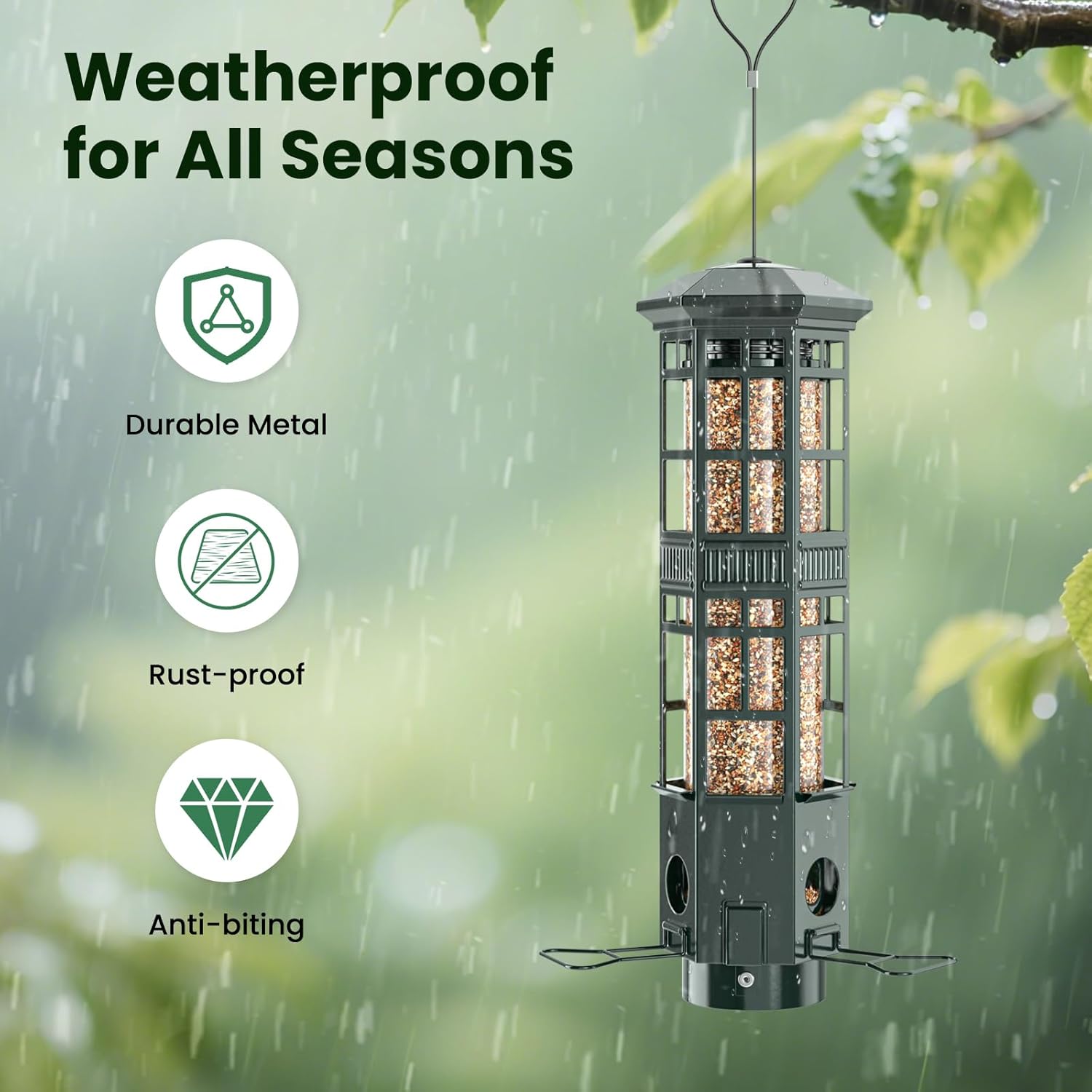 Squirrel Proof Bird Feeder for Outdoors - 3 Port Hanging Metal Bird Feeder with Gravity Spring, 3LB Large Capacity, Chew-Proof & Weather Resistant, Attract Wild Birds, Green - Image 6