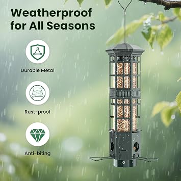 Squirrel Proof Bird Feeder for Outdoors, Chew-Proof & Weather Resistant, 3 Port, Gravity Spring Hanging Metal Bird Feeder, 3LB Large Capacity, Attract Wild Birds