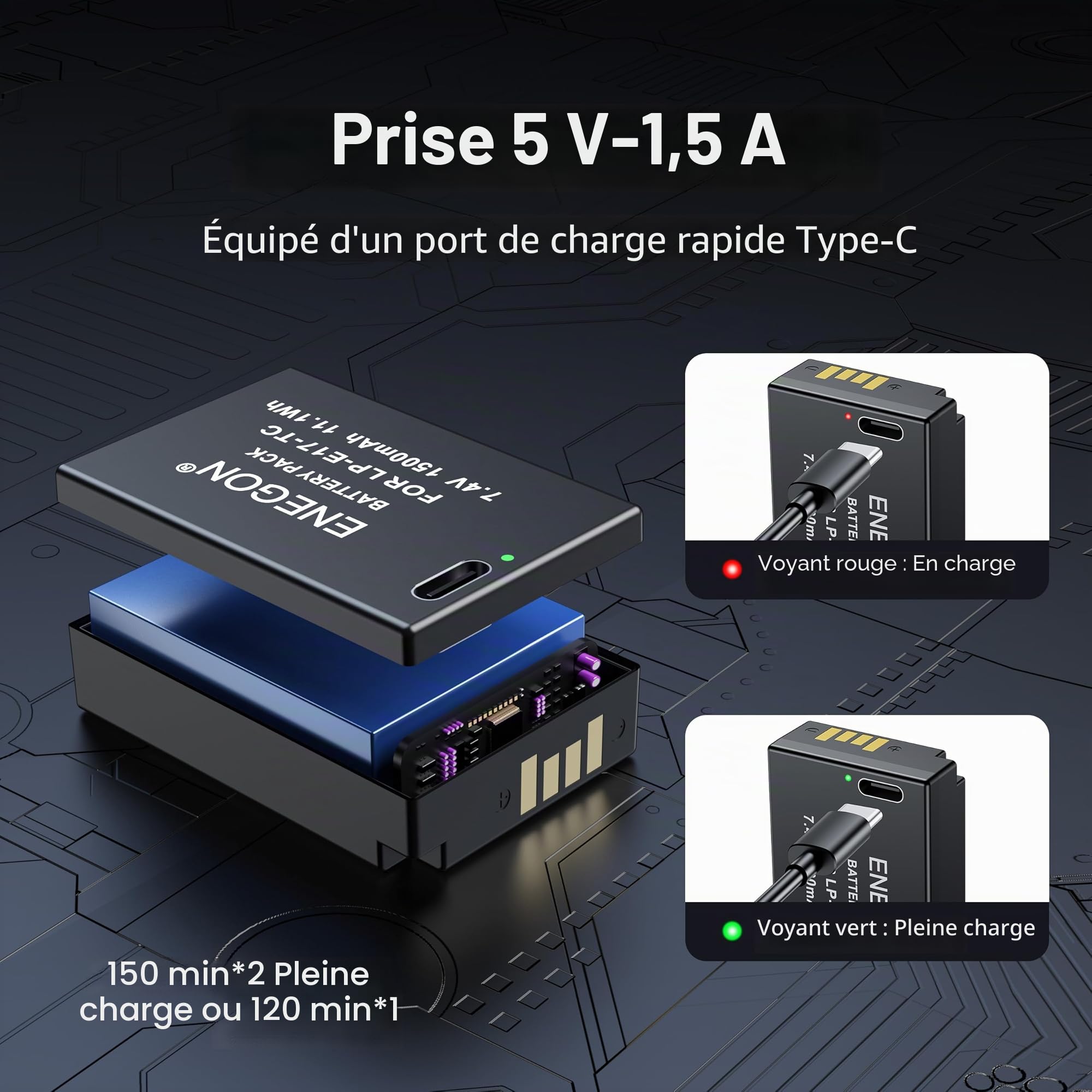 ENEGON LP-E17 Type C Batteries à Charge directe 1500 mAh pour Canon Rebel SL2, T6i, T6s, T7i, EOS R10, R8, RP, R50,R100, EOS M3, M5, M6, EOS 200D, 250D, 77D, 750D, 760D, 800D, 8000D, Kiss X8i, RP