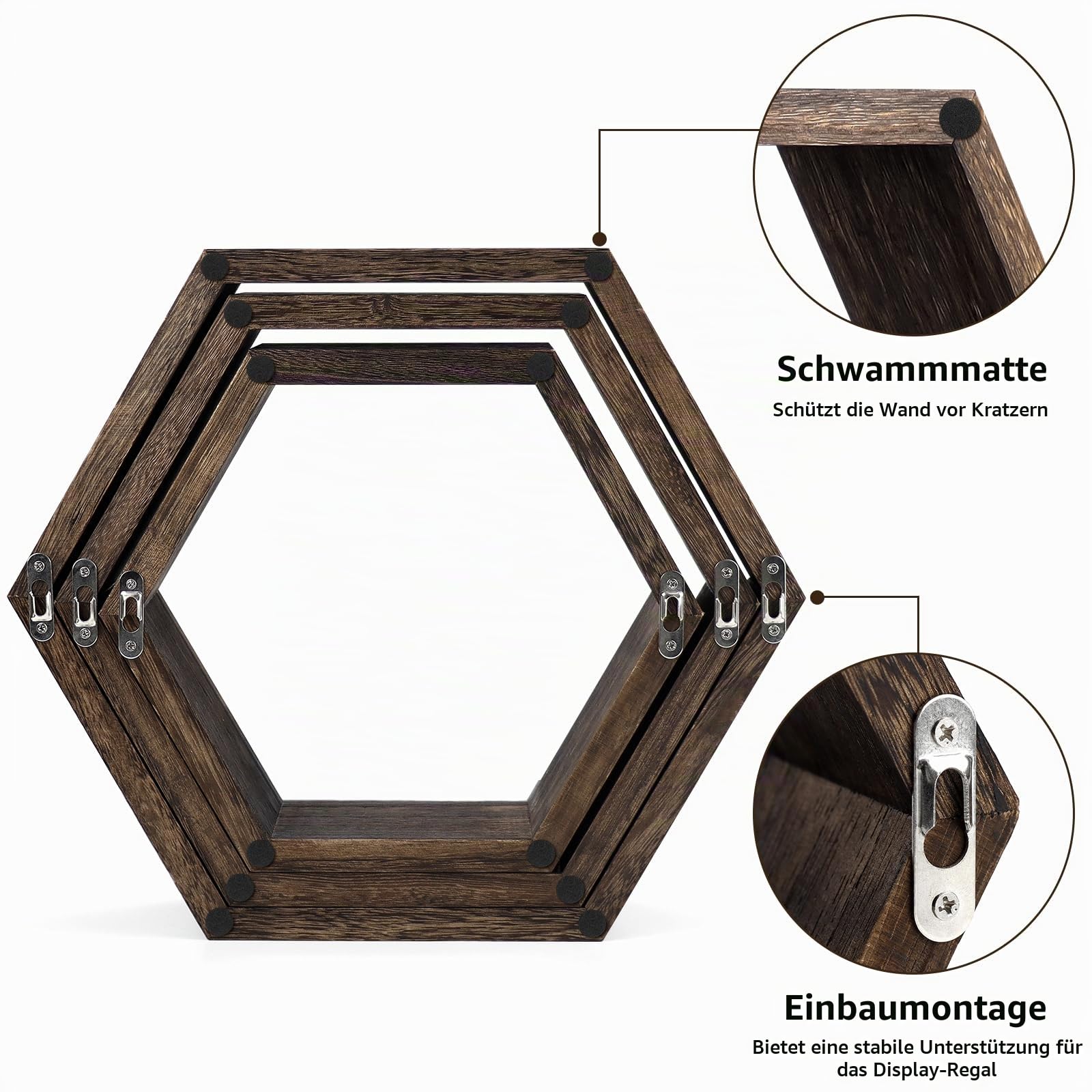 Wandregale Holz 6er Set Hexagon Schwebendes Regale für Deko, Bücher, Aufbewahrung und Organisation, Rustikale Wand Regal Wanddeko Wandregal Schwebend für Wohnzimmer & Schlafzimmer Wände