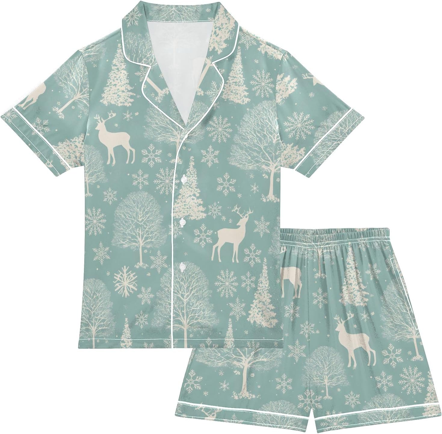 Kids Satin Wear Set Deer Snowflakes Tree Pattern Relaxed Fit Clothing Short Sleeve and Shorts
