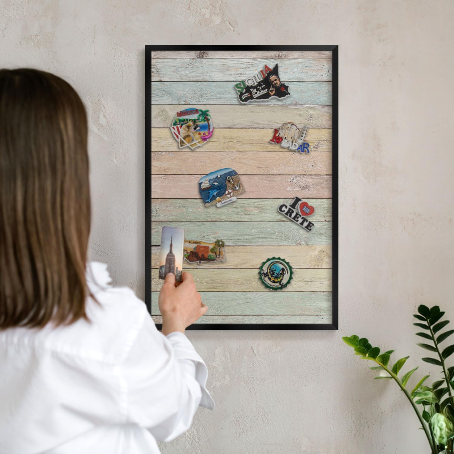 Tablero Imanes de Viaje 60x40 cm | Marco Negro | tablas rústicas | Montaje Vertical y Horizontal | para Casa, Cocina y Oficina | Decoración de Pared | Superficie Metálica