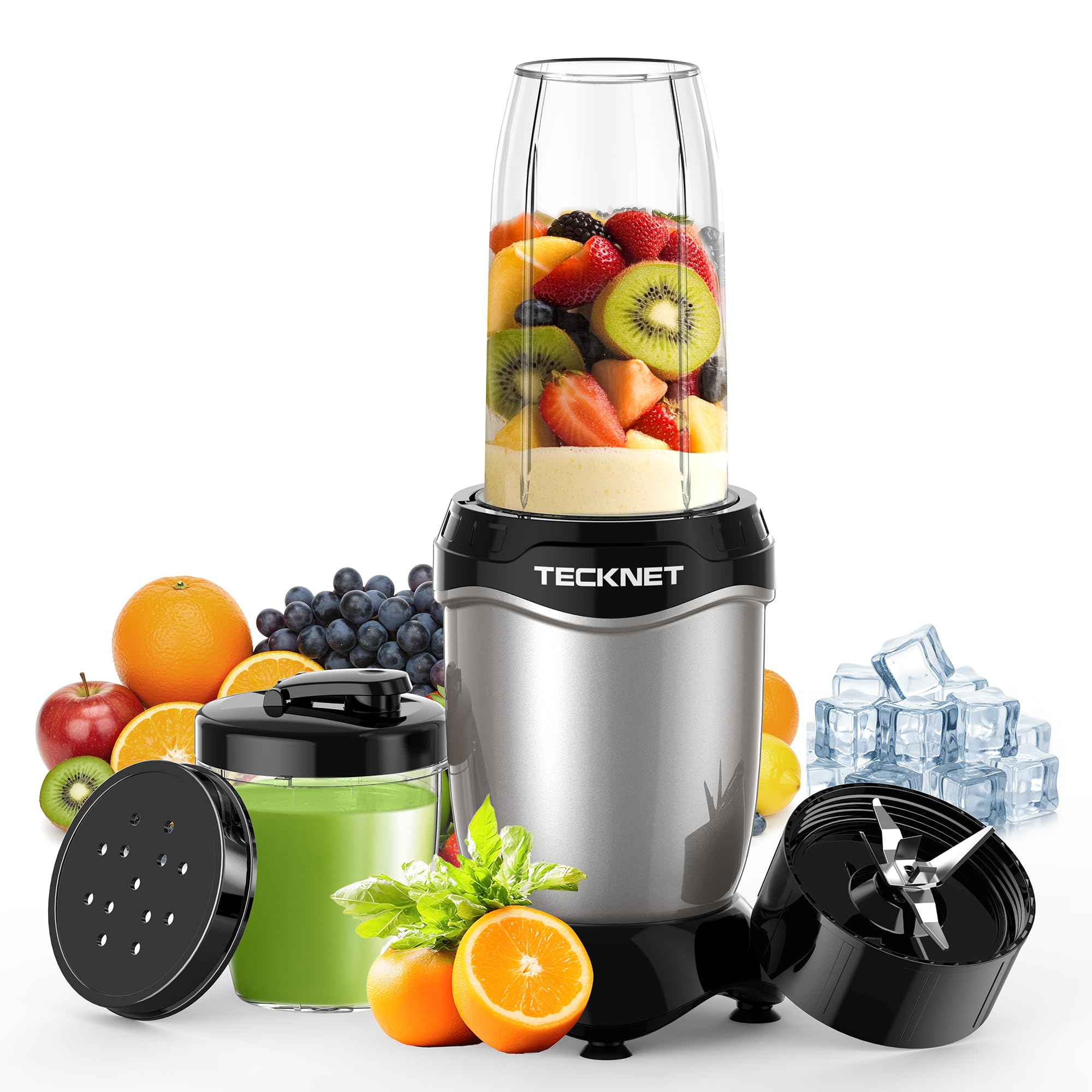 TECKNET Mixer, 600W Mini Smoothie Maker, Standmixer mit 4 Edelstahl Blatt, Tragbarer Standmixer 500ml Becher mit 150ml Flaschen BPA frei Tritan, Elektrischer Blender to go für Shake und Smoothie