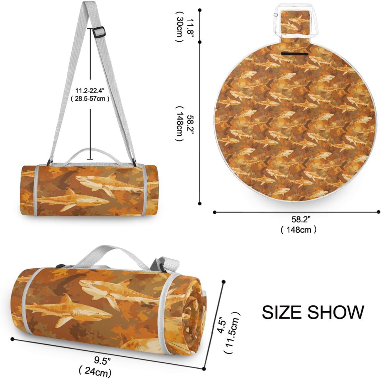 Round Outdoor Blanket for Grass - Fits 2 Adults, Summer Accessories Waterproof Portable Picnic Blanket for Beach Mat or Family Outdoor Camping Party 58 in (Shark Topaz Orange Brown)