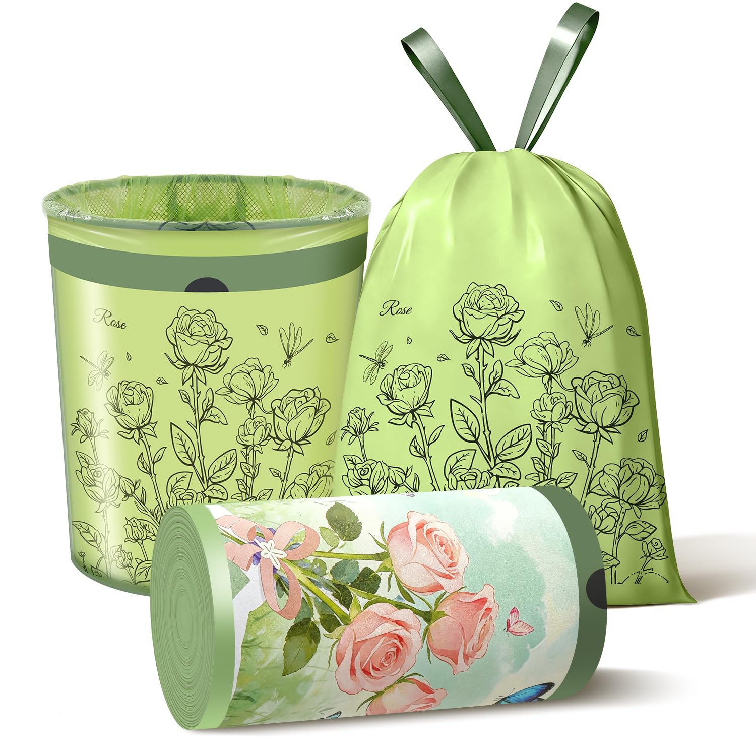 Kleine Müllbeutel mit Rosenduft, 12,7 l, Kordelzug für Badezimmer, Büro, Schlafzimmer, Auto, geeignet für 2–4 Gallonen Mülleimer, bunter Druck, lila, 50 Stück