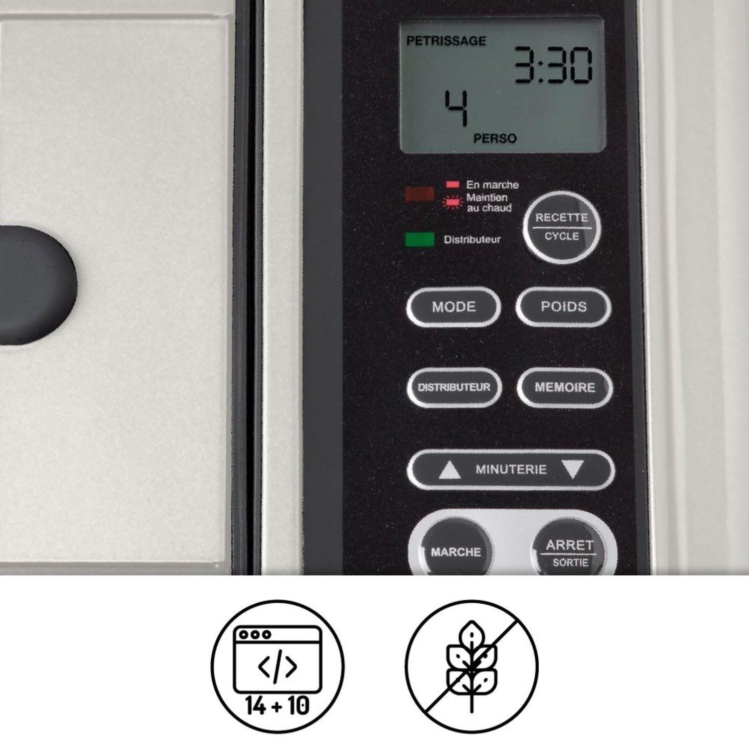 riviera&bar Machine à Pain Sans Gluten - 820W, 14 Programmes, Distributeur d'Ingrédients, Pétrin Auto-Rabattable - 3 Tailles de Pain, Départ Différé 13h - Blanc Ivoire