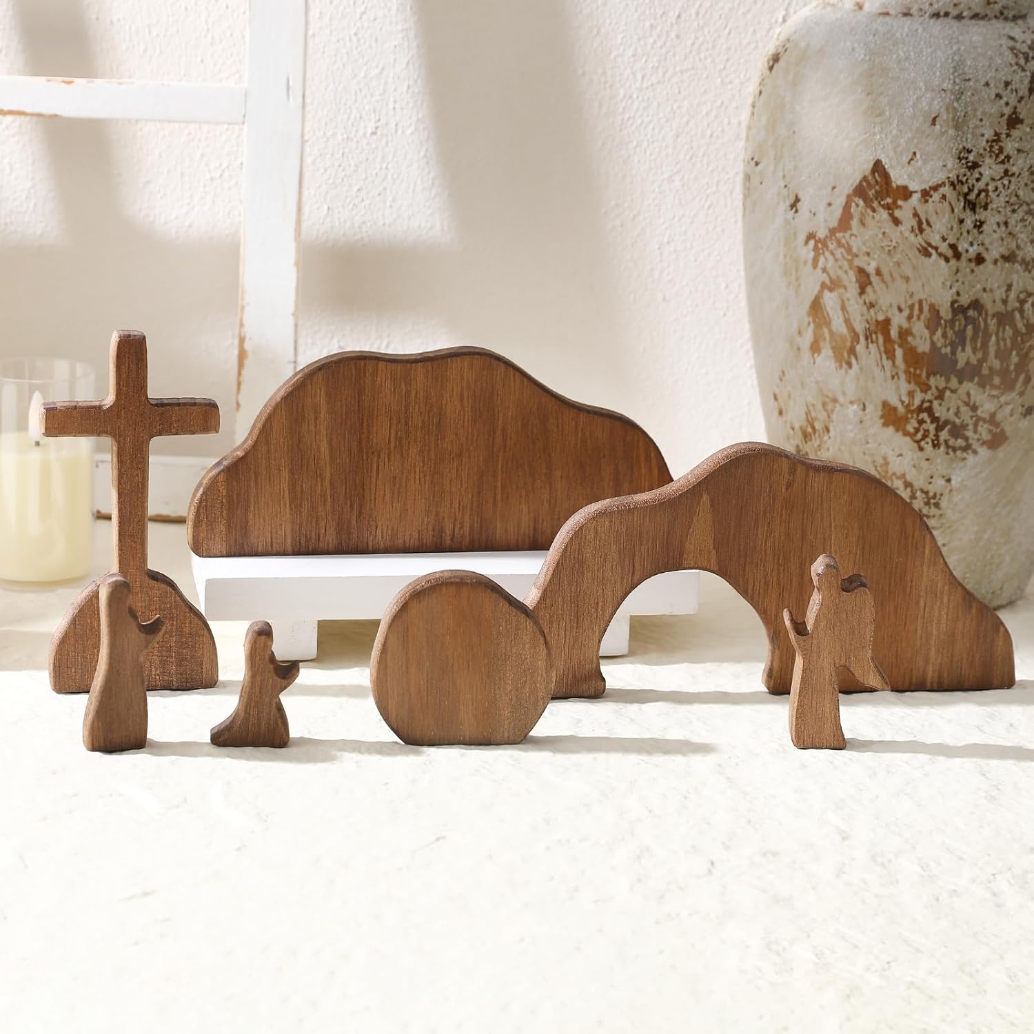 Yumiio 7PCS Empty Tomb Easter Scene and Cross Decoration, Wooden Easter Resurrection Scene Cross Jesus Tomb for Home Shelf Mantel Fireplace Table Windowsill Decor