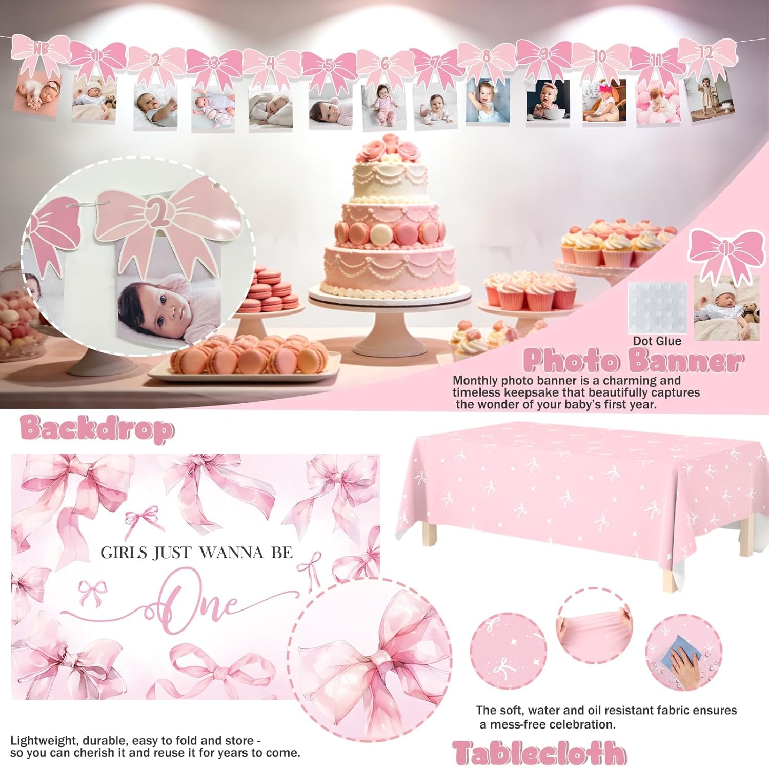 Pink Bow 1st Birthday Decorations, 133 PCs First Birthday Party Supplies for Girl, Pink White Balloon Arch Box Girls Just Wanna Be One Backdrop Banner Poster for Coquette Party