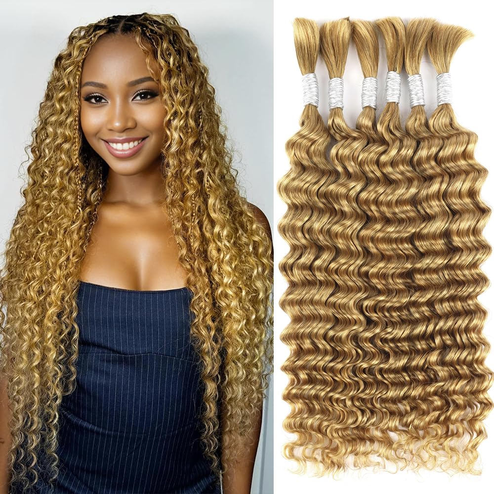 Blonde Human Braiding Hair for Boho Braids 18 Inch 6 Bundles Human Hair Braiding Hair Deep Wave Bulk Human Hair for Braiding No Weft Curly Brading