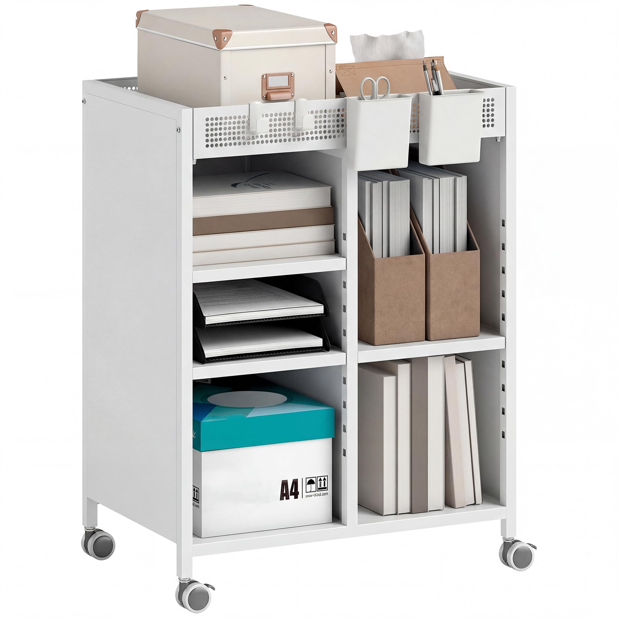 HOMCOM Bücherregal mit Rollen, Bücherwagen mit 4 Ebenen, oberem Aufbewahrungskorb, verstellbaren Regalen, Rollwagen für Zuhause, Wohnzimmer, Büro, Weiß