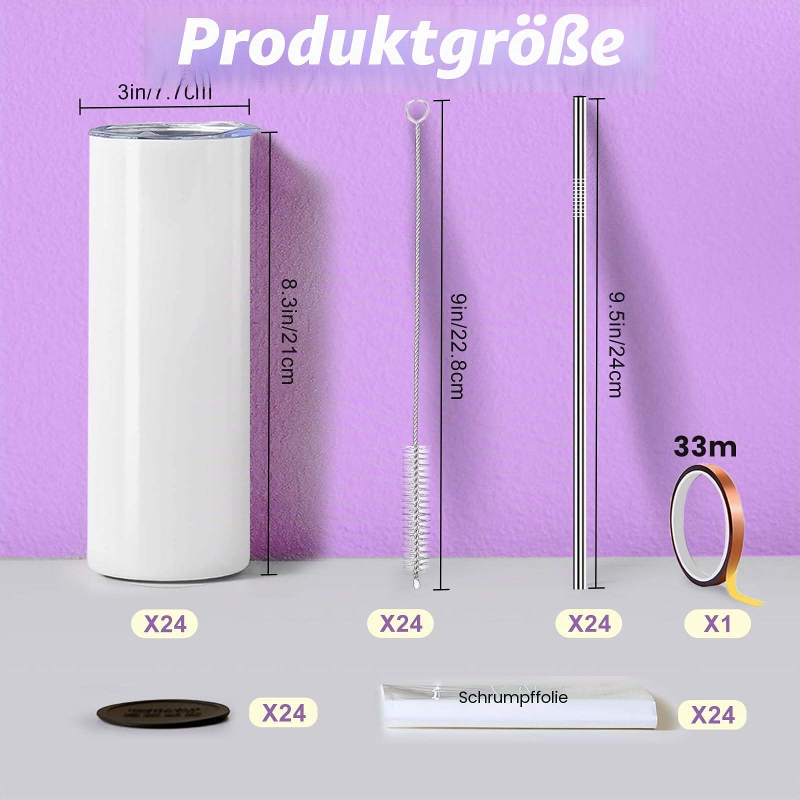 24 Stück Sublimation Rohlinge 20 oz Trinkhalm für Tassen, White Straight Bulk Edelstahl Tumbler, Sublimationsbecher für Wärmeübertragung, mit Deckel und Stroh, Schrumpffolie, einzeln verpackt