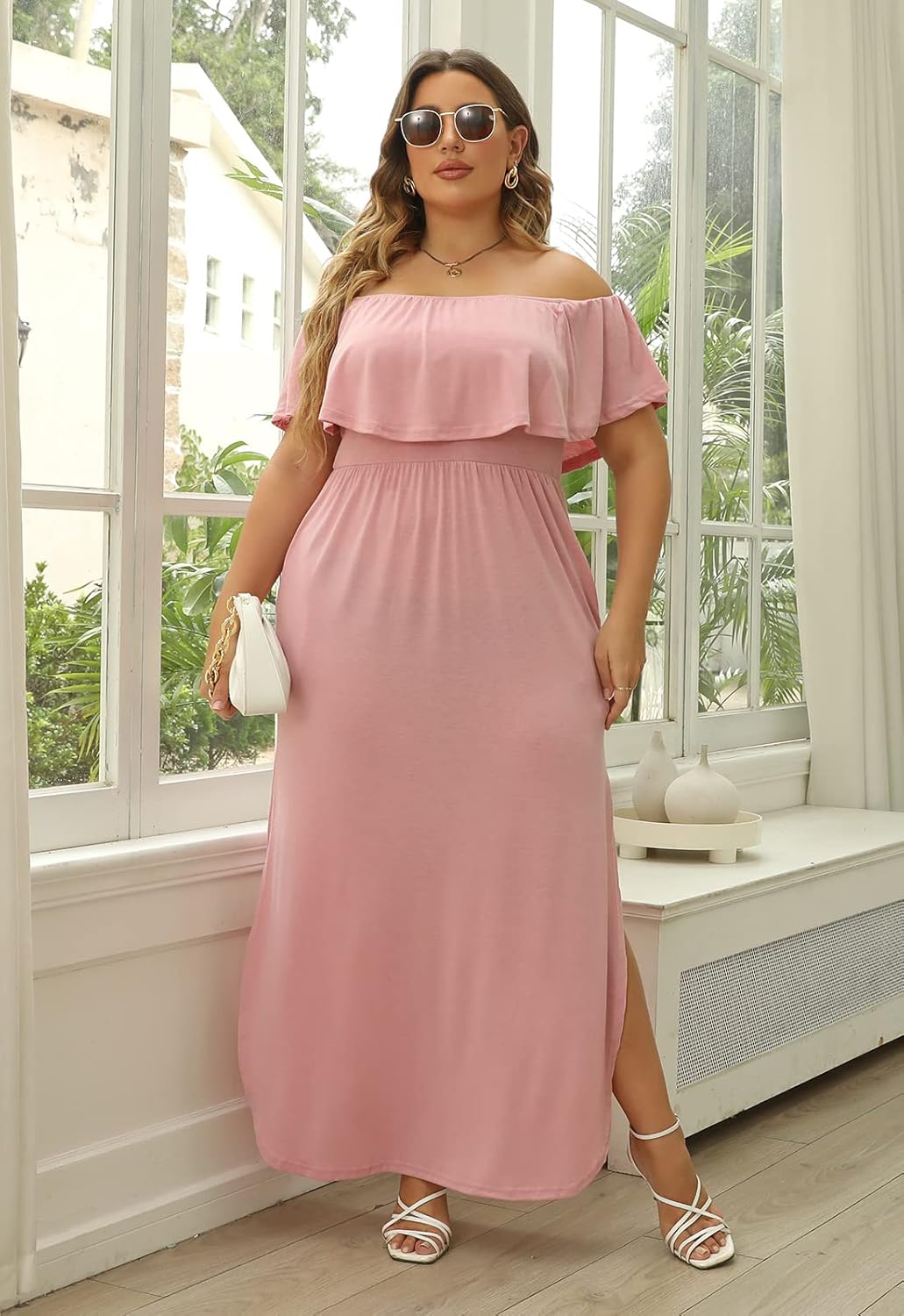 Nemidor Womens Plus Size Maxi Dress Summer Casual Loose Off Shoulder Slit Long Dresses with Pocket
