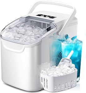 Crzoe Ice Makers Countertop with Handle, 2 Sizes of Ice, 8 Bullet Ice Cubes in 6 Mins, 26Lbs/24H, Portable Ice Maker with Self-Cleaning, Ice Machine for Home&Kitchen&Office&Party(White)