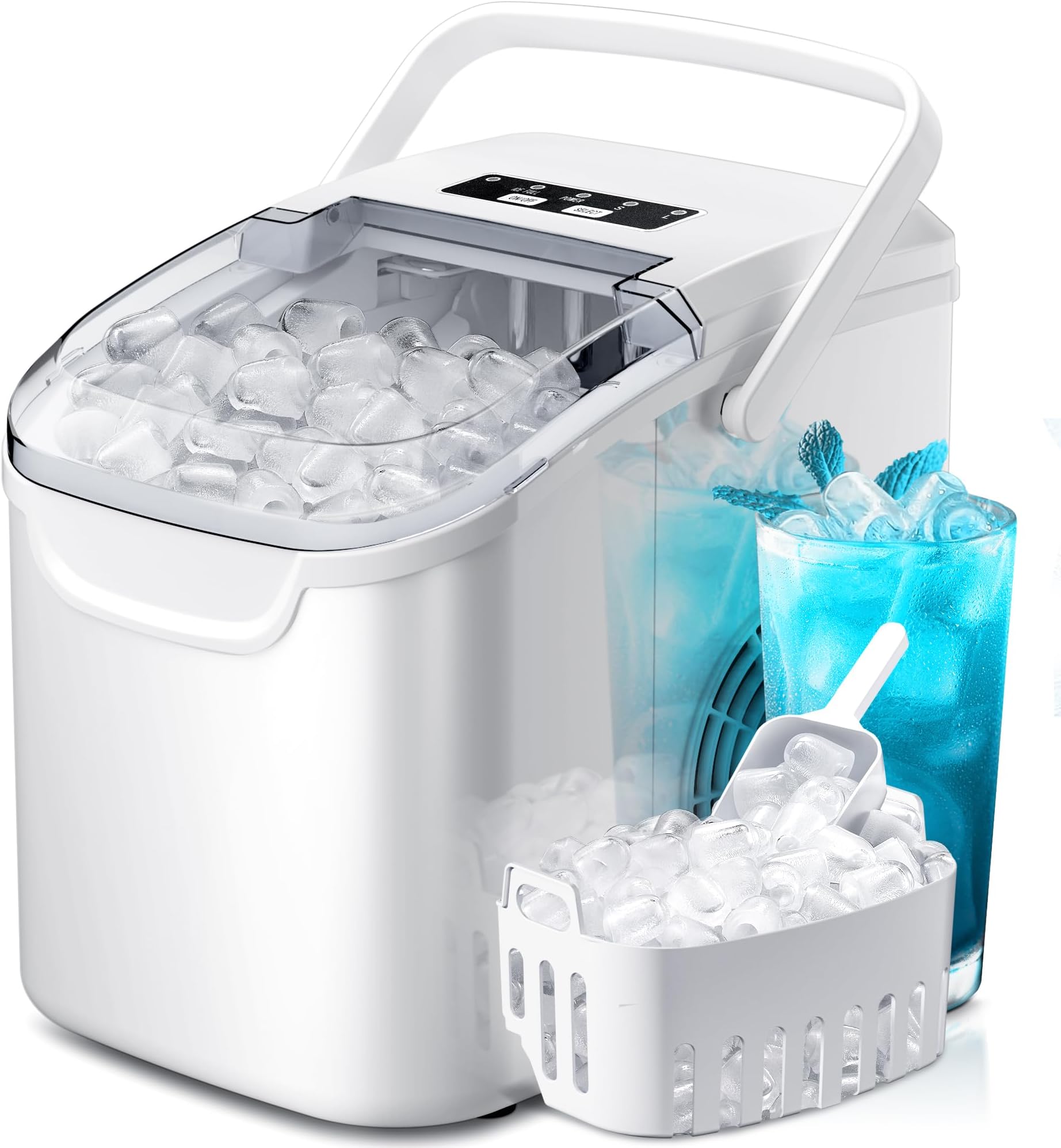 Crzoe Ice Makers Countertop with Handle, 2 Sizes of Ice, 8 Bullet Ice Cubes in 6 Mins, 26Lbs/24H, Portable Ice Maker with Self-Cleaning, Ice Machine for Home&Kitchen&Office&Party