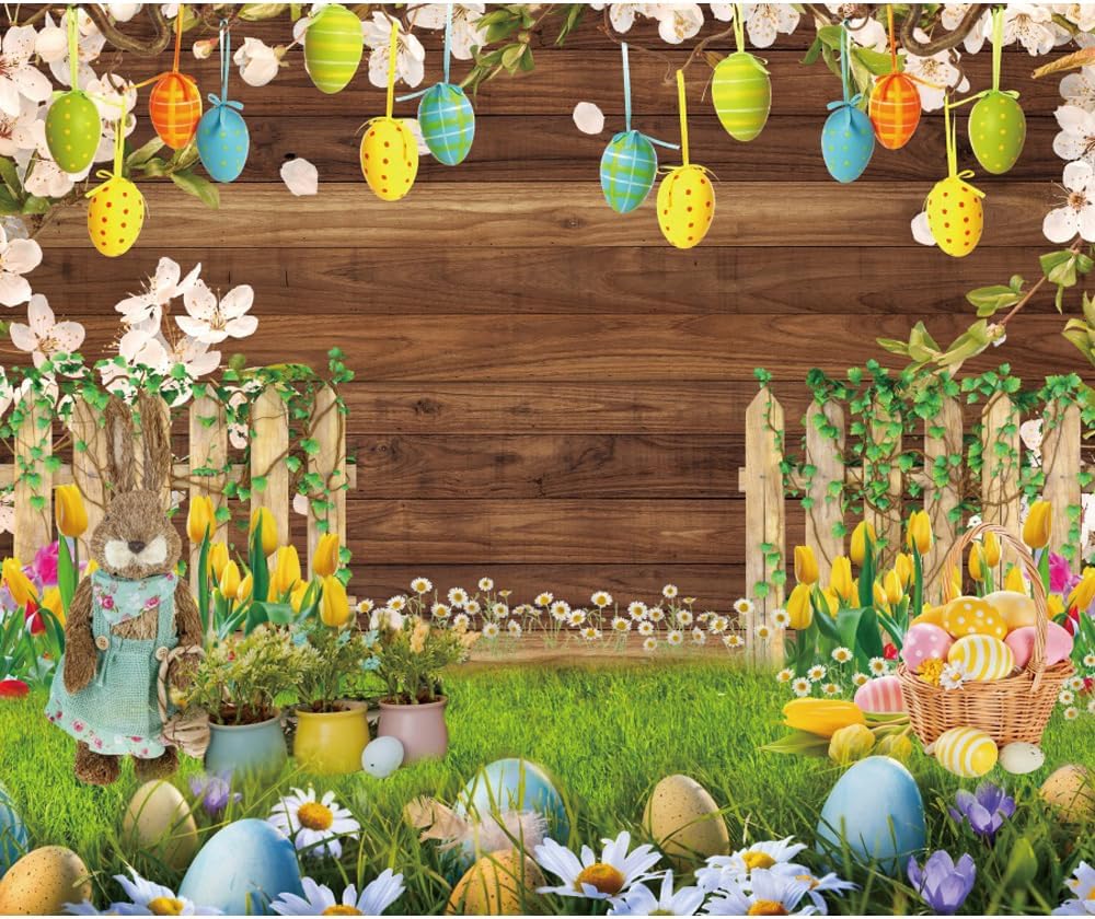 10x8ft Easter Backdrop for Photography Spring Garden Fence Easter Eggs Brown Wood Board Rustic Photo Background Portrait Photo Booth Props