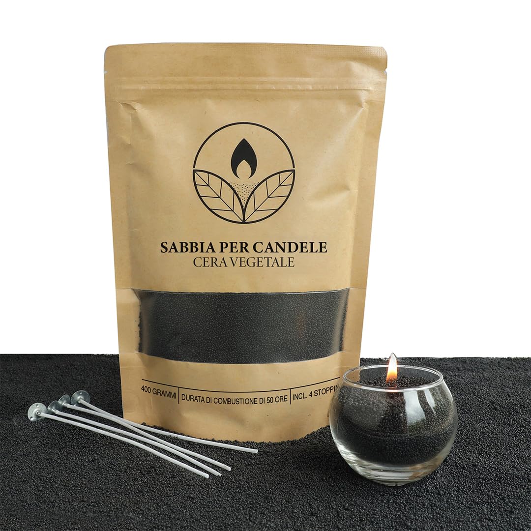 Comforder Sabbia Per Candele Con Stoppini, Granuli Di Cera, Candele Fai Da Te, 400 G, Perline Di Cera Per Candele + 4 Stoppini Per Candele (Nero)-image