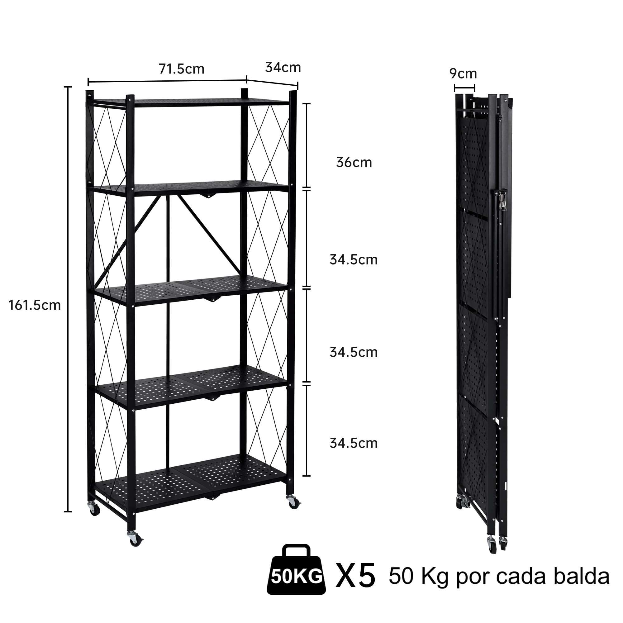 Estantería Plegable de Metal con Ruedas | Mueble Organizador con 5 estantes Resistentes y Estructura Reforzada | Diseño portátil, fácil de Montar y versátil para Cocina, Oficina, Garaje o Dormitorio